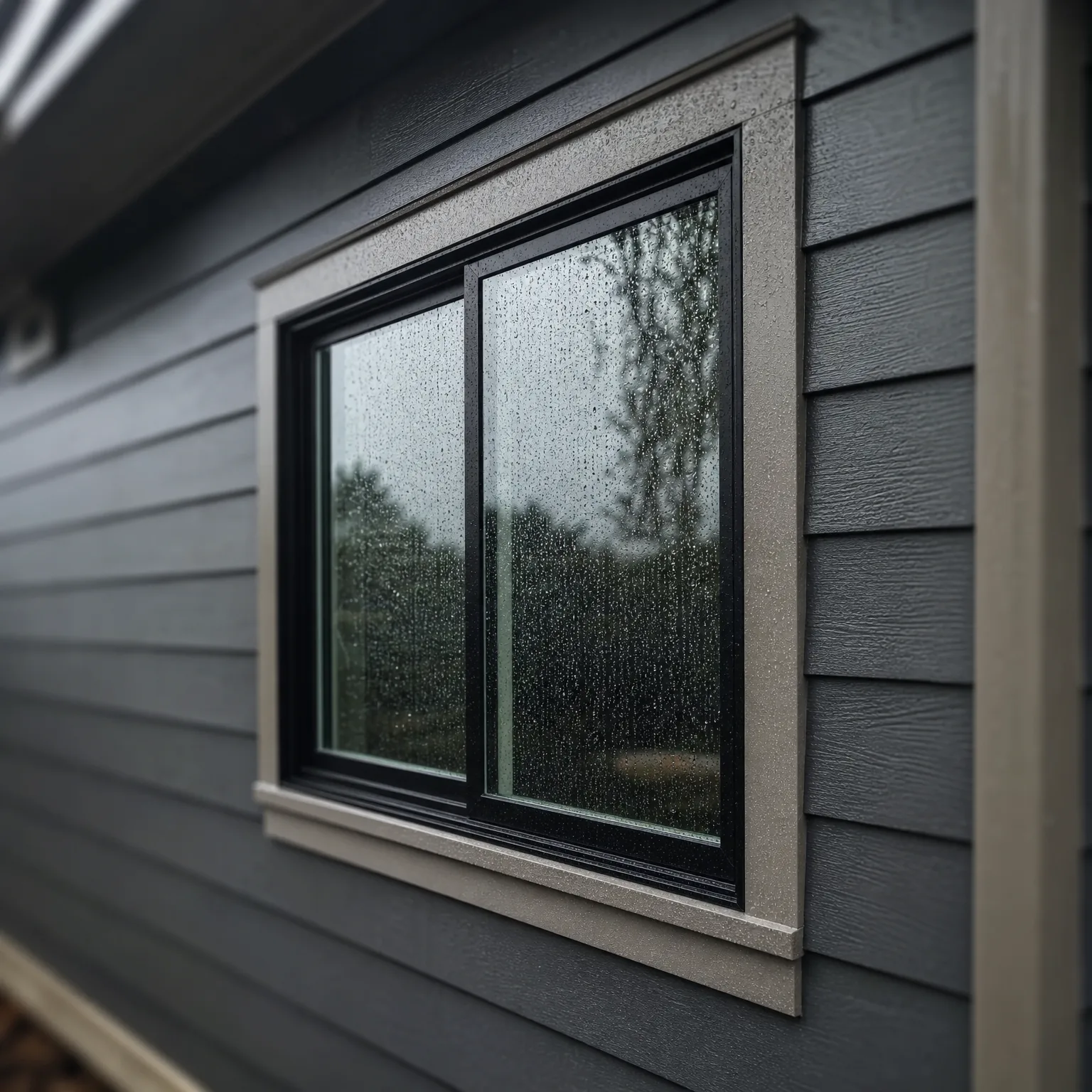 Close-up angled view of a black-framed sliding window with water droplets on the glass, set in light grey trim on a dark grey horizontal lap-sided wall.