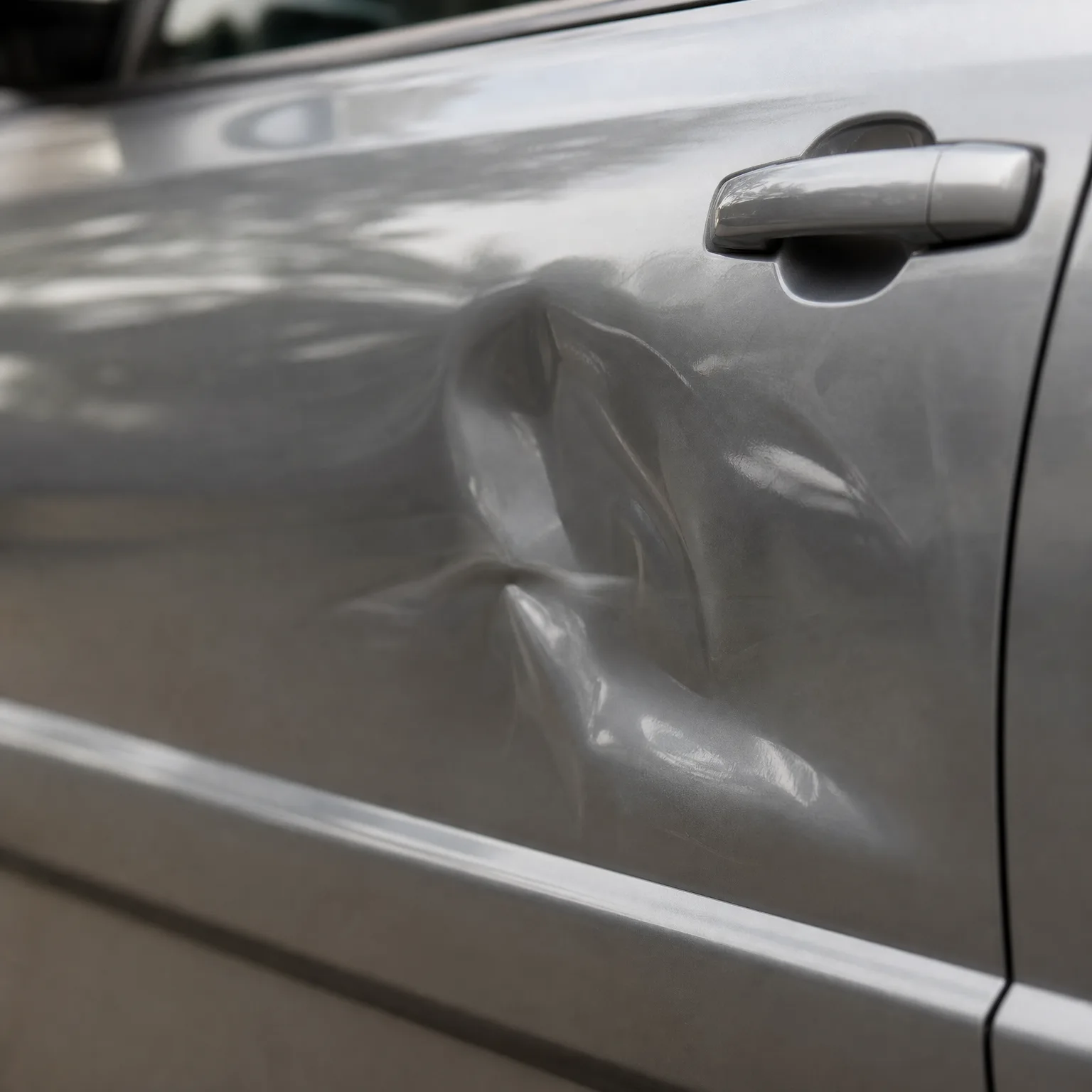 Close-up of a silver car's front door panel showing a large crease and dent below the door handle.
