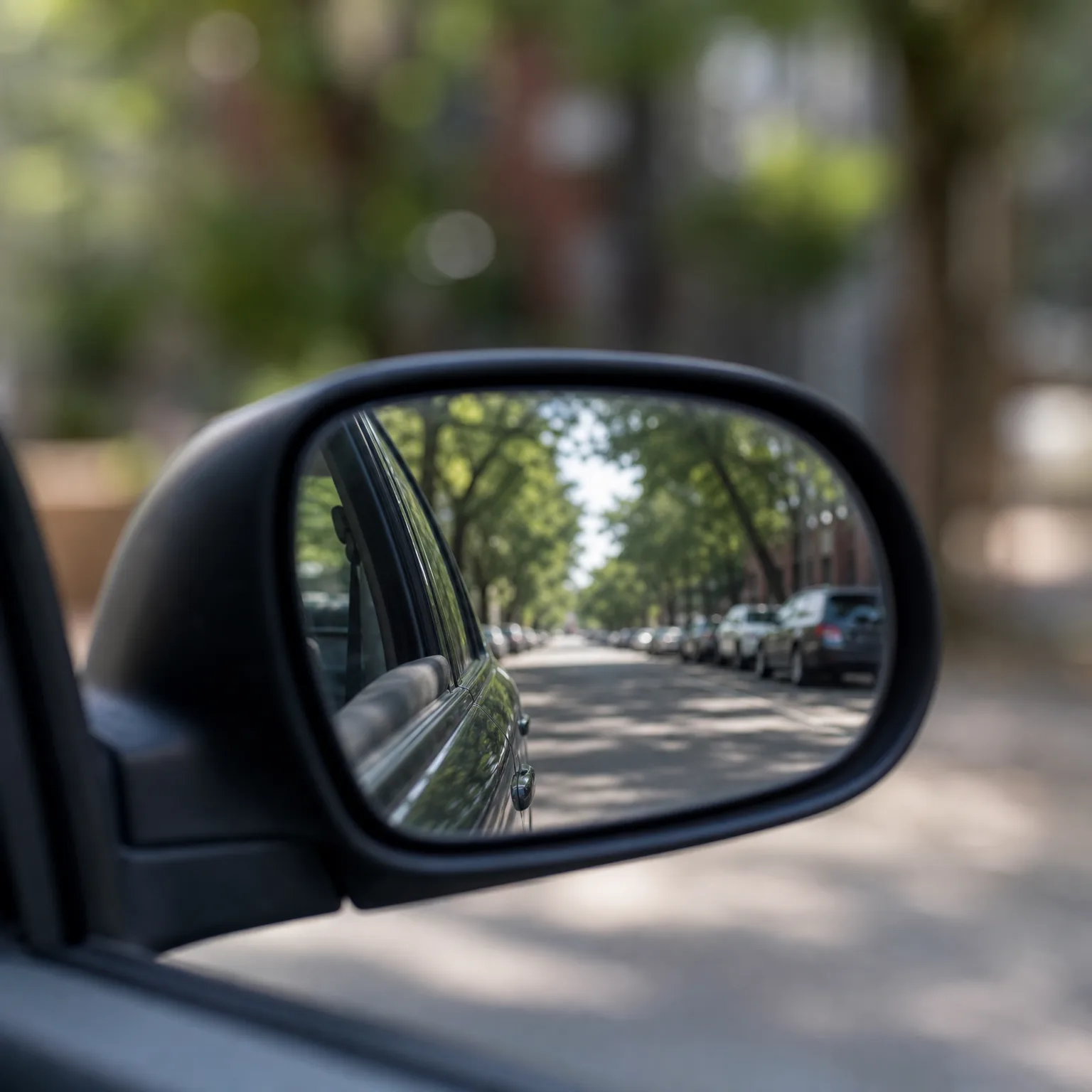 Close-up of a car's side mirror reflecting a tree-lined street with parked cars, with a blurred background of foliage and buildings.