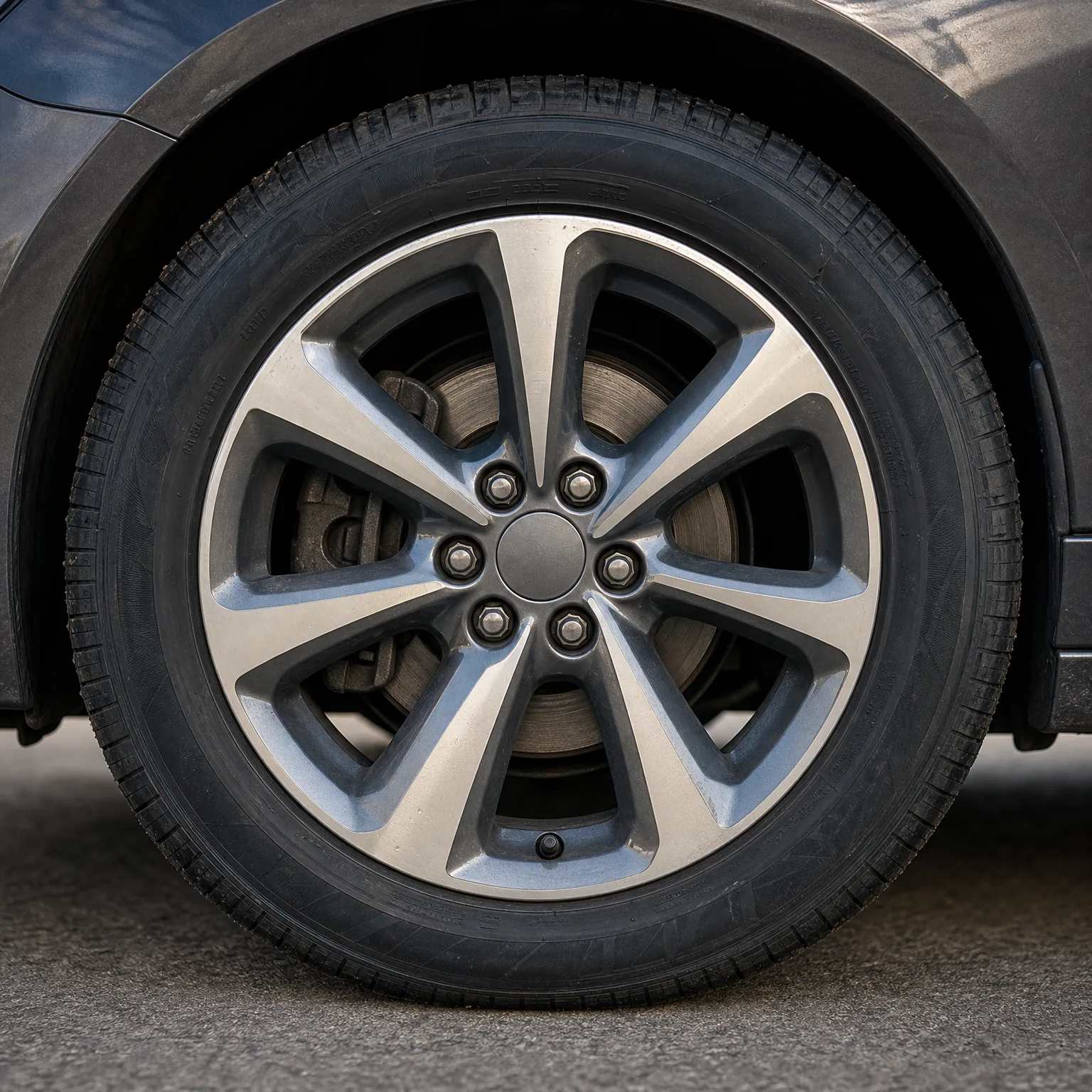 Close-up of a car's front wheel with a five-twin-spoke alloy rim and black tire, with dark bodywork above and asphalt below.