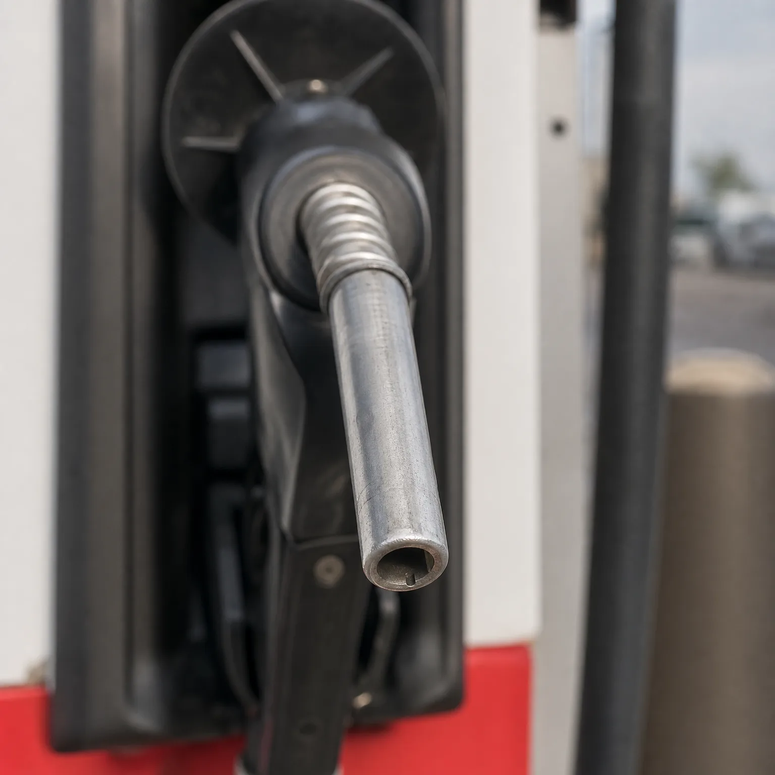 Close-up of a black fuel nozzle with a metal spout resting in a gas pump, with a blurred parking area in the background.