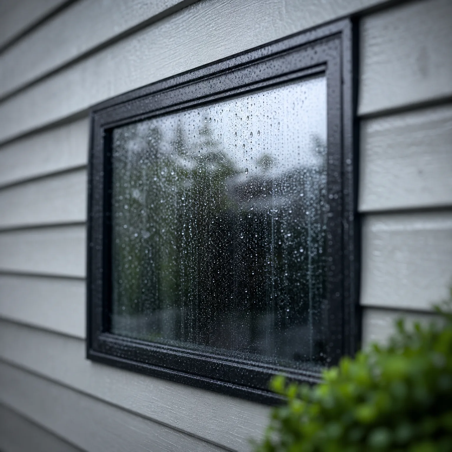 A black-framed window set in light grey horizontal lap siding, its glass covered in rain droplets with blurred green trees reflected, and a green shrub at the lower right.