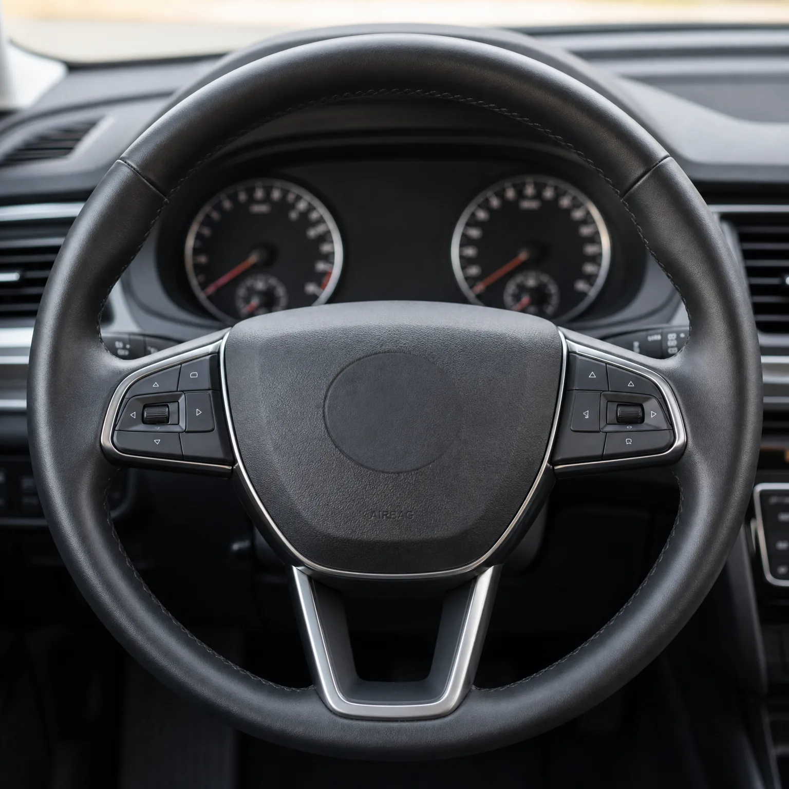 Close-up of a black leather car steering wheel with multifunction buttons on both spokes, in front of a two-dial instrument cluster.