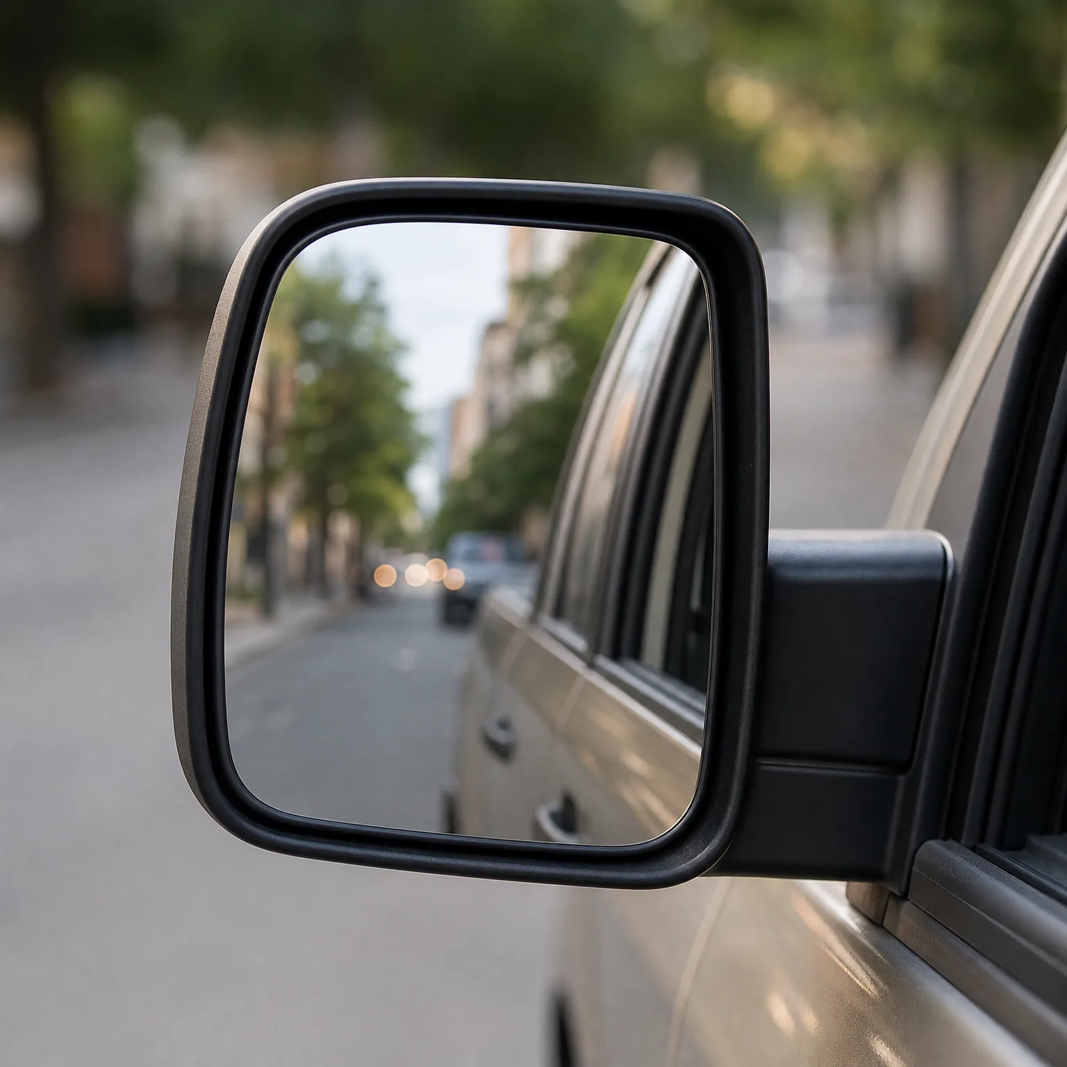 Close-up of a vehicle's black side mirror showing a reflection of a tree-lined street with distant cars, with the silver car body and blurred street in the background.