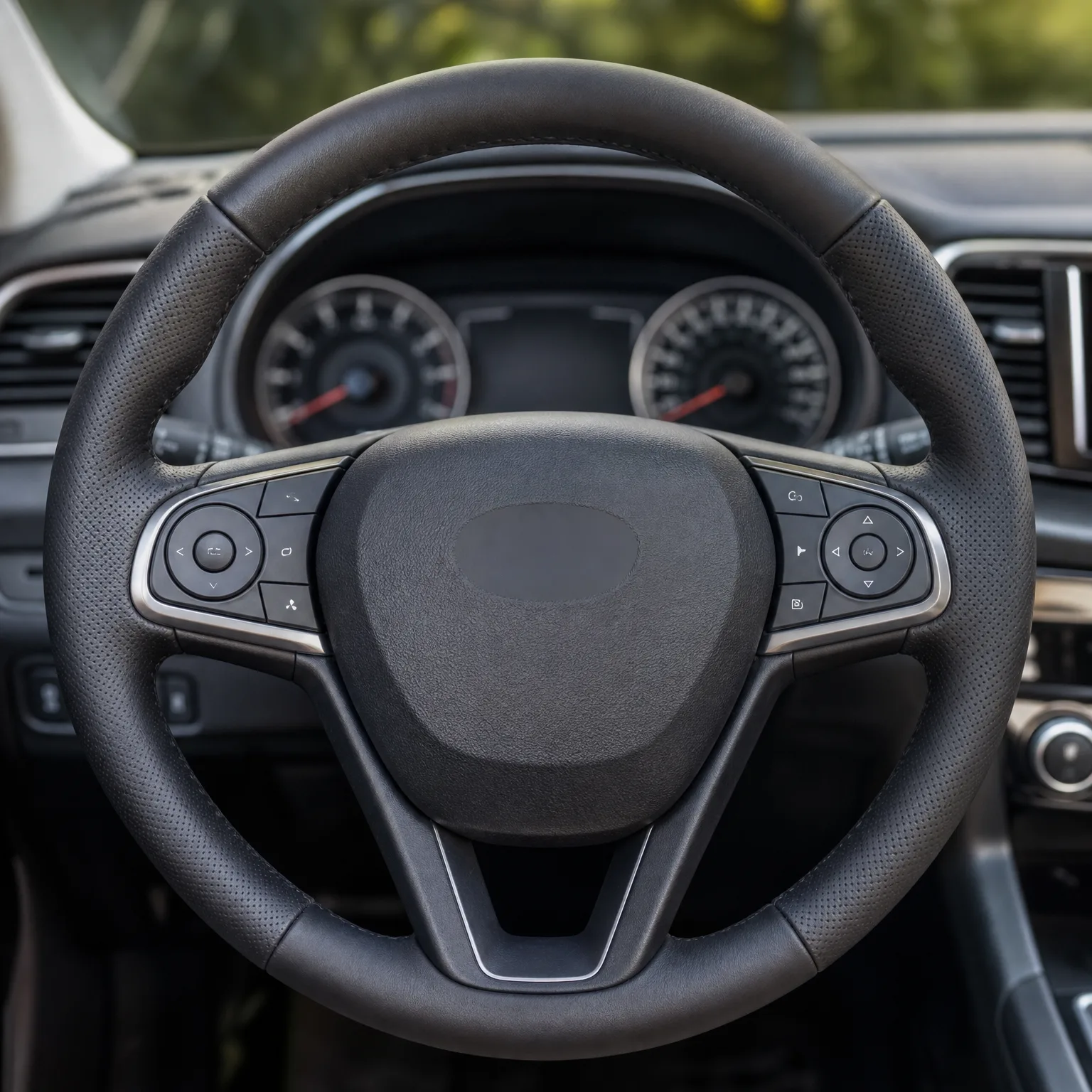 Close-up of a black leather-wrapped three-spoke steering wheel with multifunction buttons on both spokes, with the instrument cluster gauges blurred behind it.