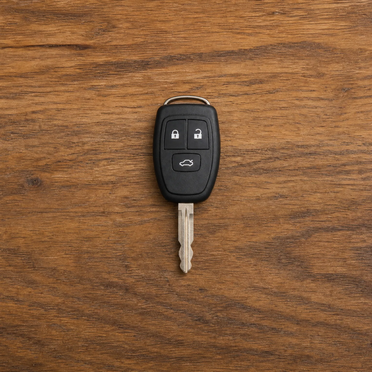 A black car key with a three-button remote head, showing lock, unlock, and trunk icons, lying on a wooden surface.