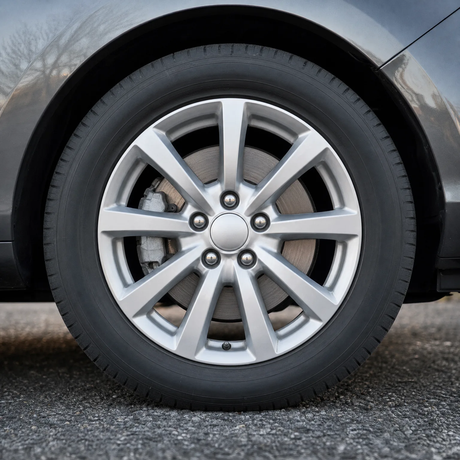 Close-up of a car's front wheel with a silver multi-spoke alloy rim and black tire, parked on asphalt.