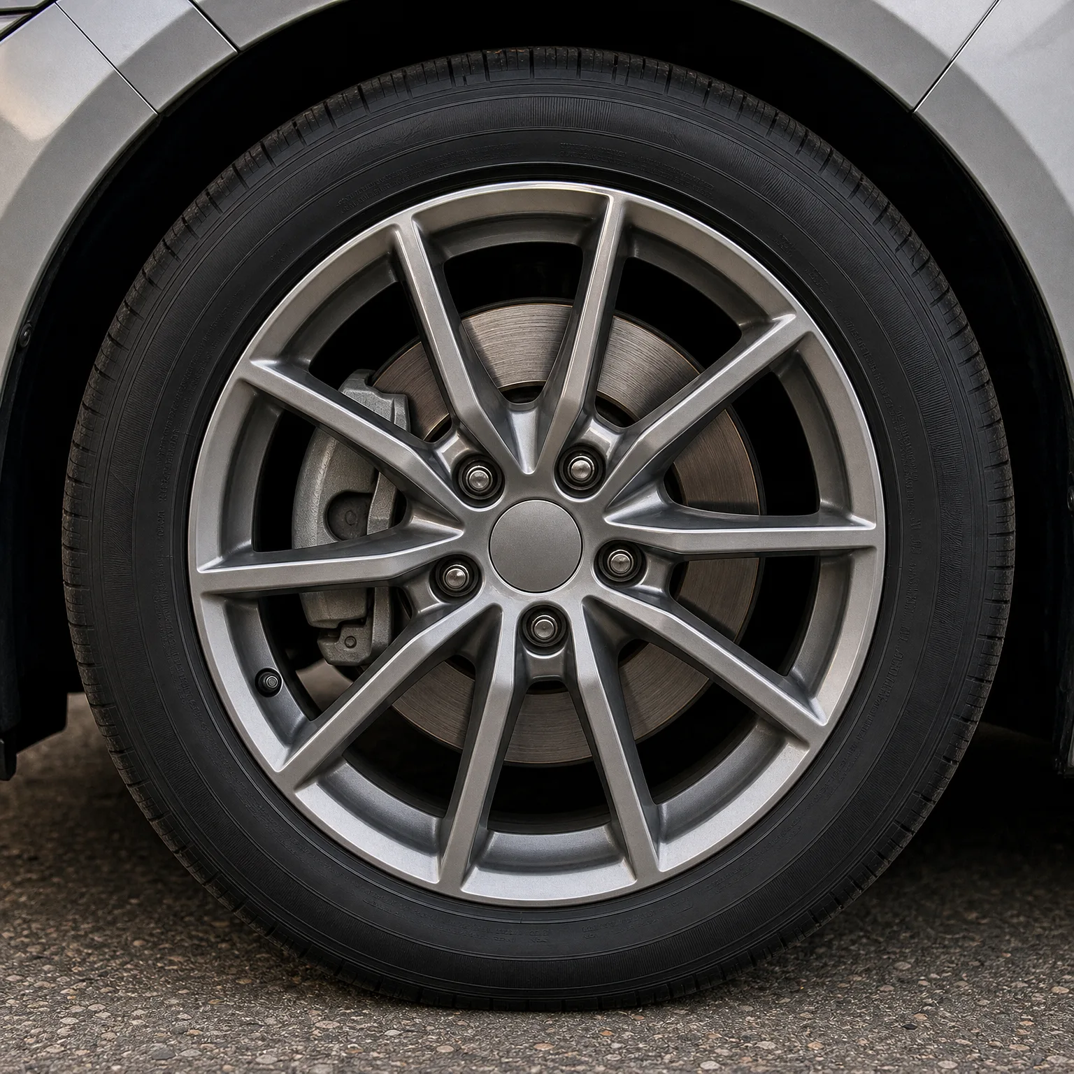 Close-up of a silver multi-spoke alloy wheel and tire on a light grey car, with the brake disc and caliper visible behind the spokes, parked on asphalt.