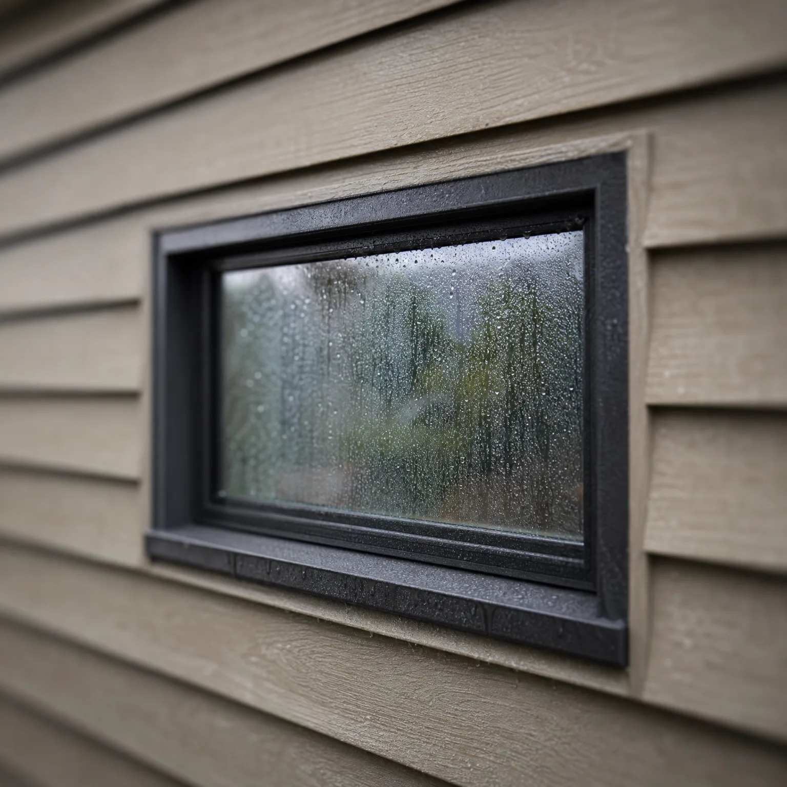 Close-up of a small black-framed window set in beige horizontal lap siding, with water droplets and condensation on the glass and blurred green trees reflected or seen through it.