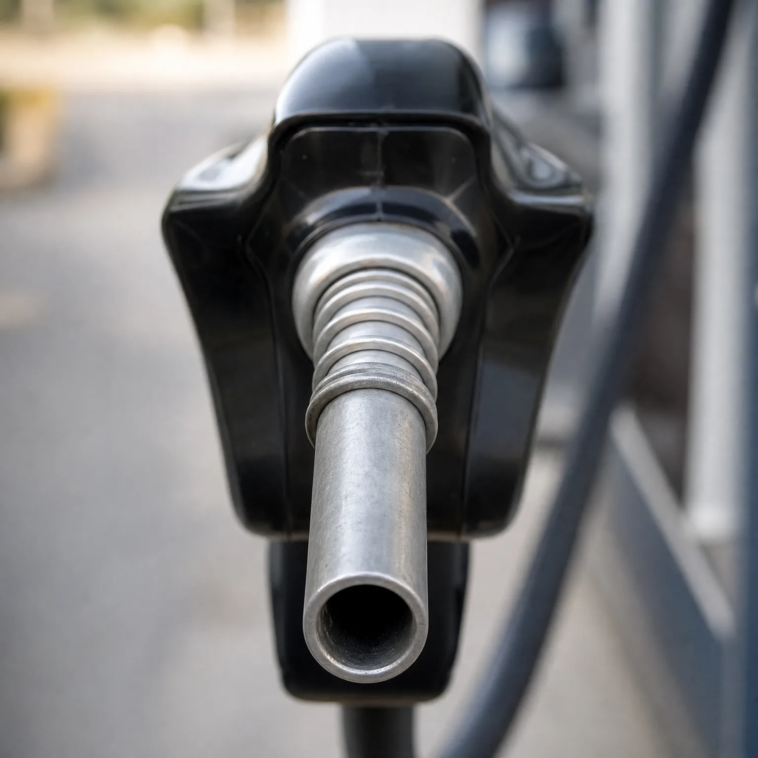 Close-up of a black fuel nozzle with a metal spout pointing toward the camera, against a blurred background of pavement and a railing.