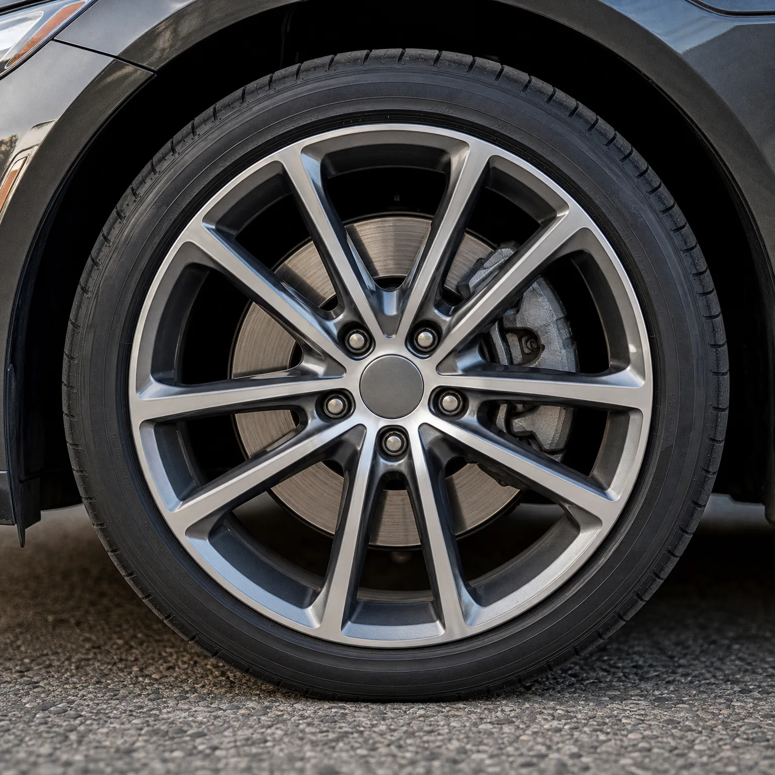 Close-up of a car's front wheel with a multi-spoke machined alloy rim and low-profile tire, with the brake disc and caliper visible behind the spokes, on asphalt pavement.
