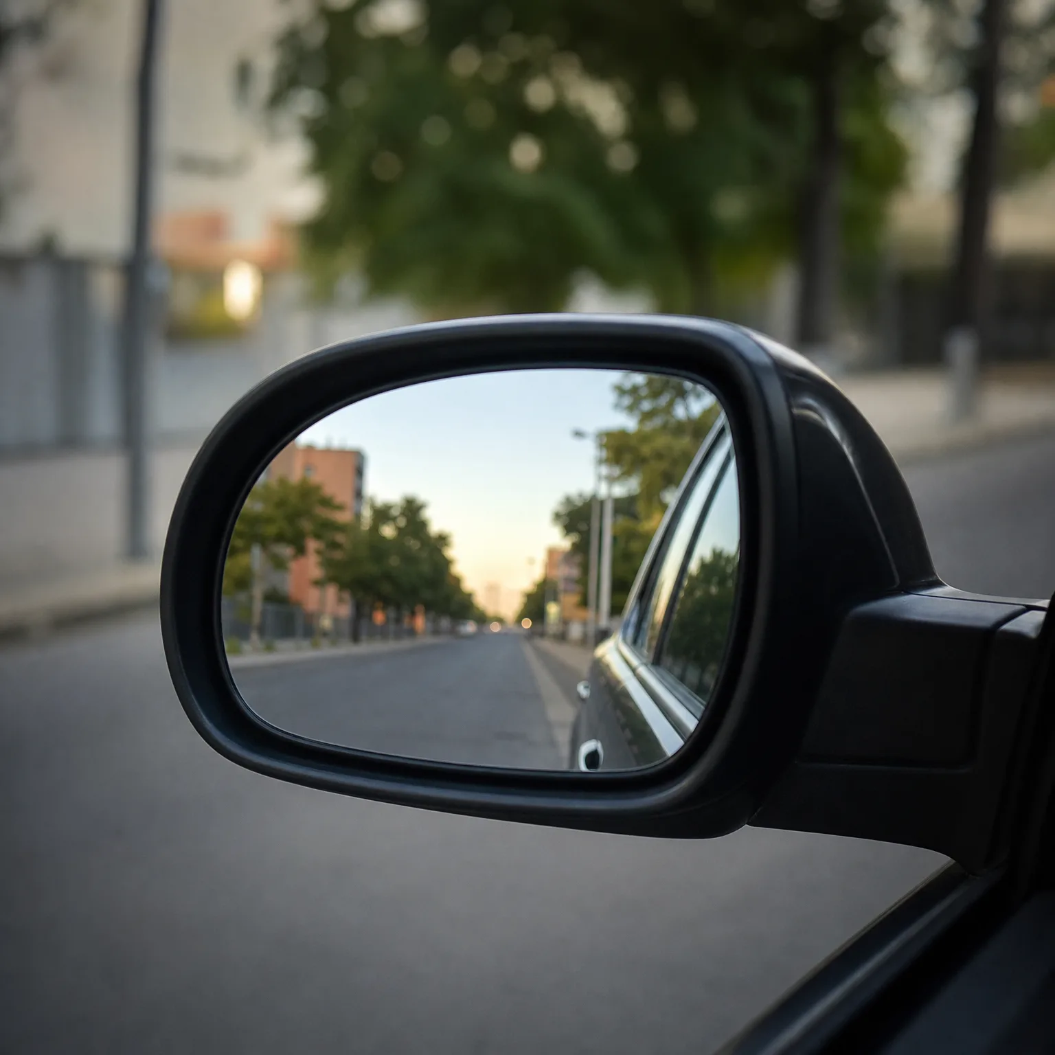 Close-up of a car's side mirror reflecting a tree-lined street with buildings and the side of the vehicle, with a blurred road and foliage in the background.
