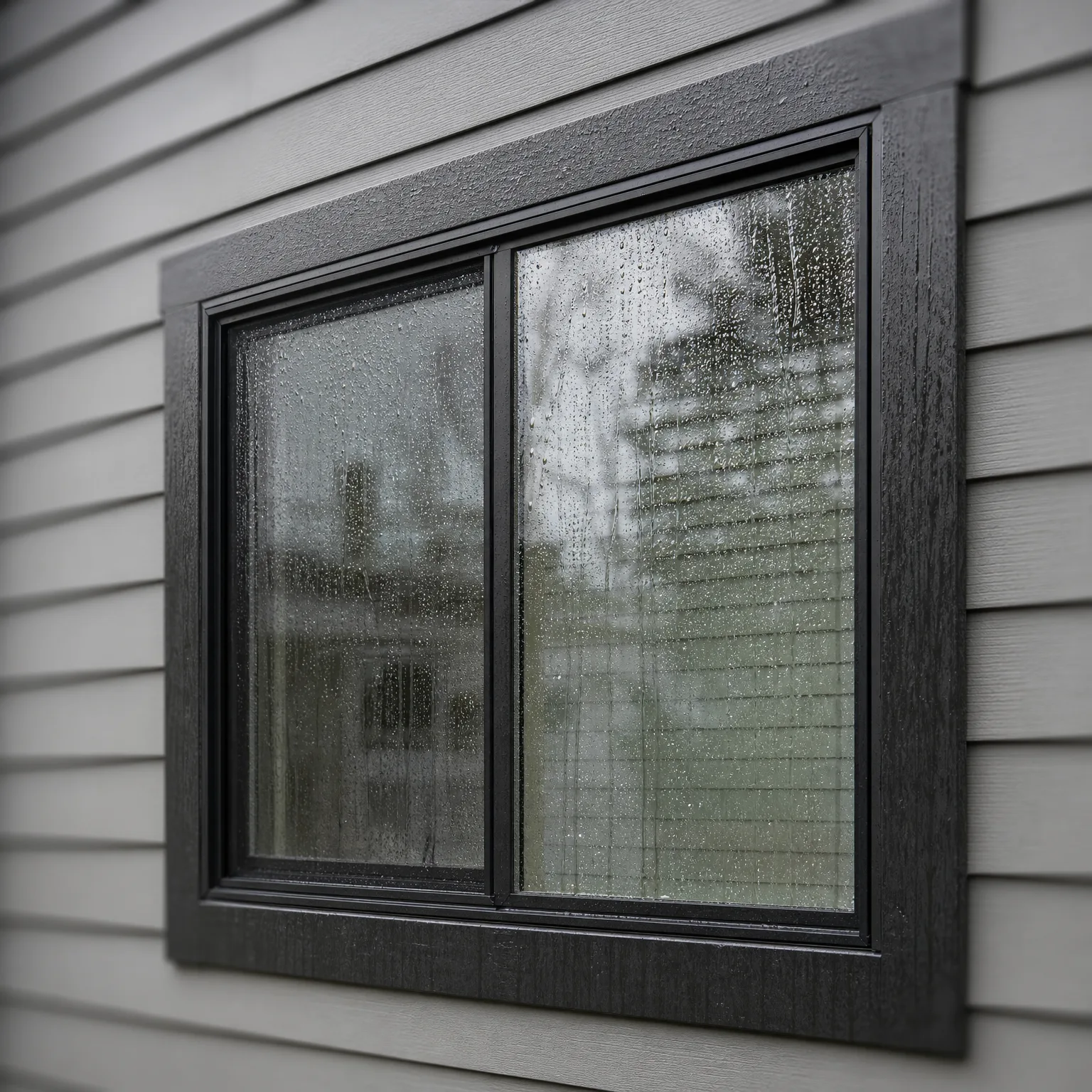 A dark-framed two-pane sliding window set in gray horizontal lap siding, with water droplets and condensation on the glass.