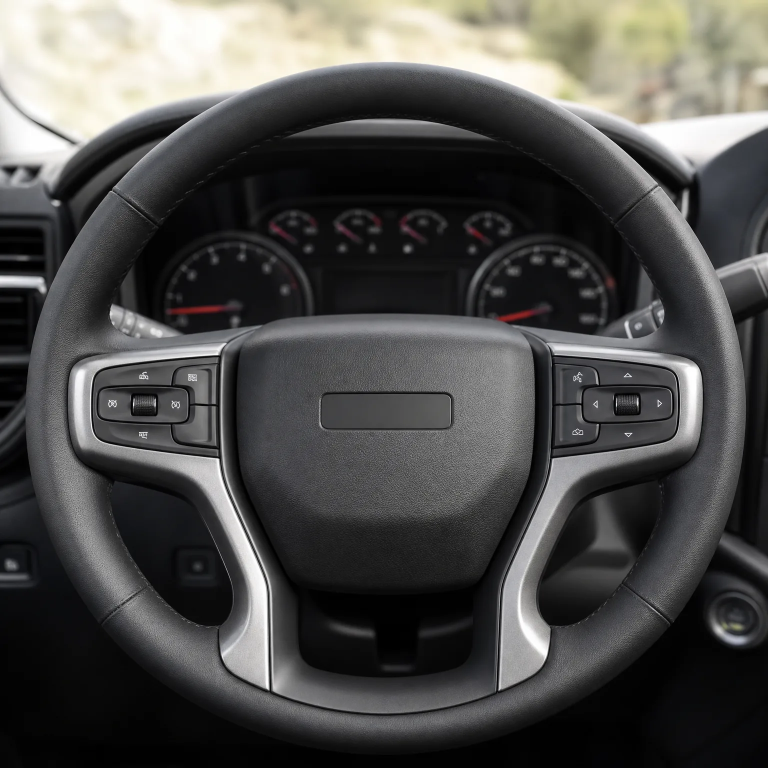 Close-up of a black leather steering wheel with silver trim and control buttons on both spokes, with the instrument cluster visible behind it and a blurred outdoor view through the windshield.