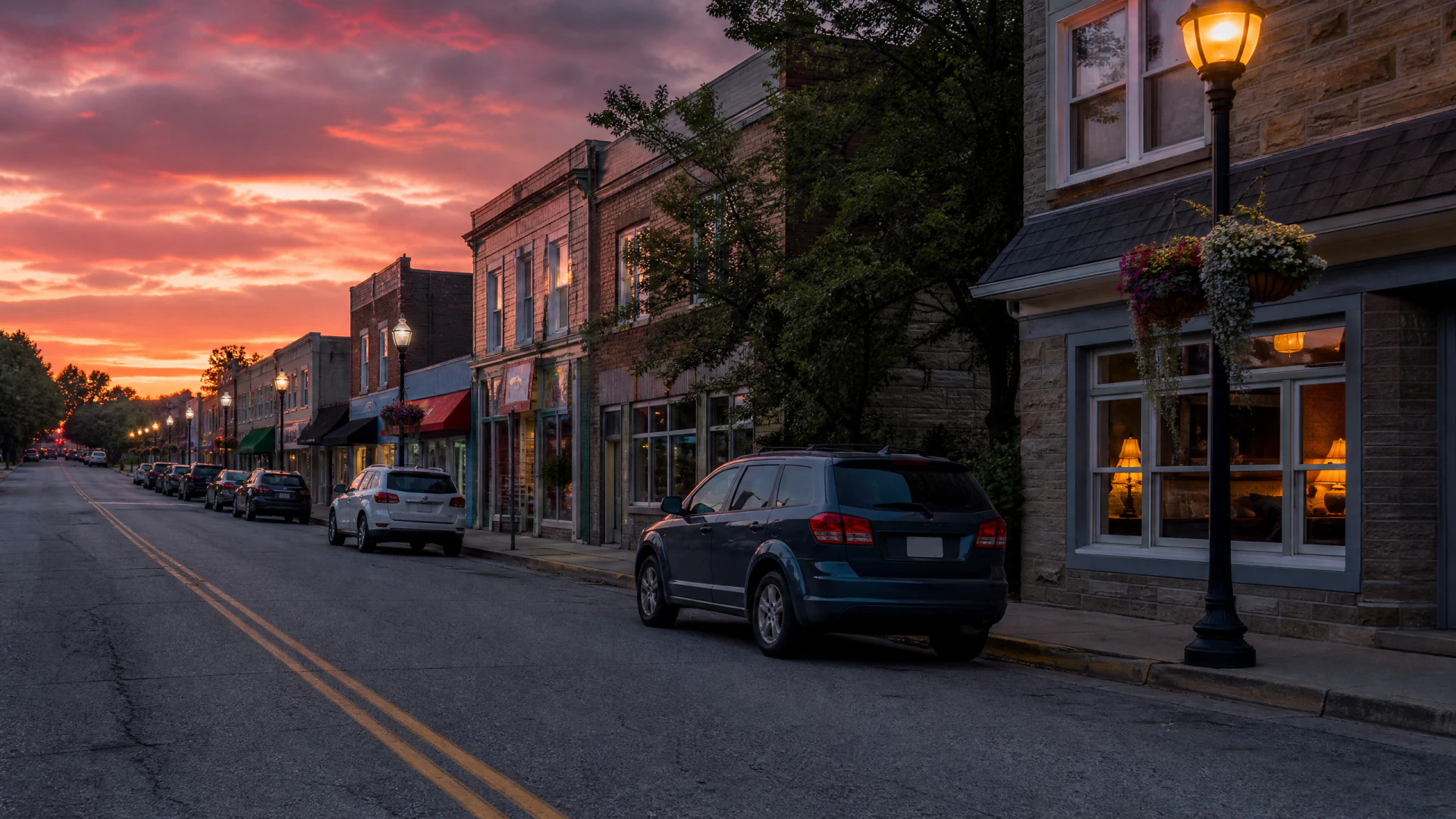 A two-lane main street at dusk lined with historic brick storefronts, parked SUVs, and glowing cast-iron street lamps beneath a dramatic red sunset sky.