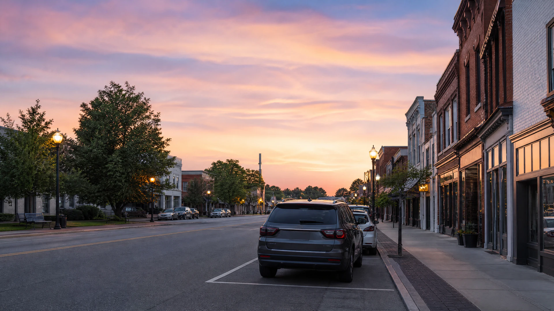 A nearly empty small-town main street at sunset, flanked by historic brick storefronts, lit street lamps, and a parked SUV under a colorful sky.