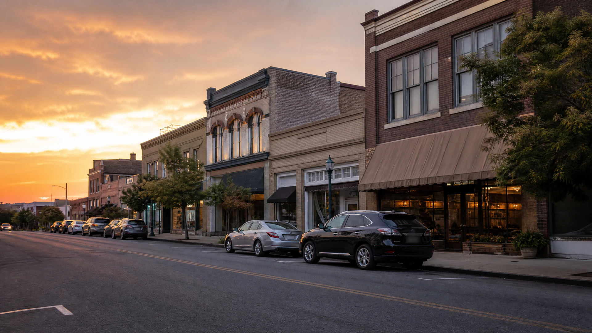 A row of historic brick storefronts along a small-town main street photographed at sunset, with cars parked along the curb and a golden sky overhead.