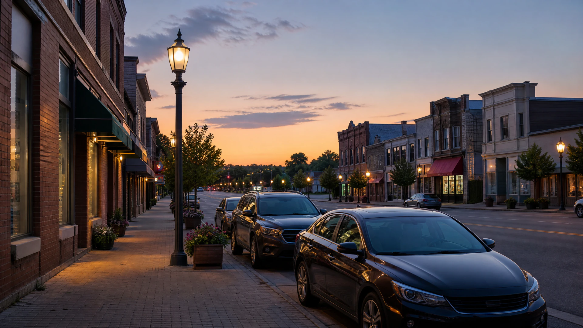 A quiet small-town main street at dusk, with lit street lamps, parked cars, brick sidewalks, and a sunset sky visible at the end of the road.