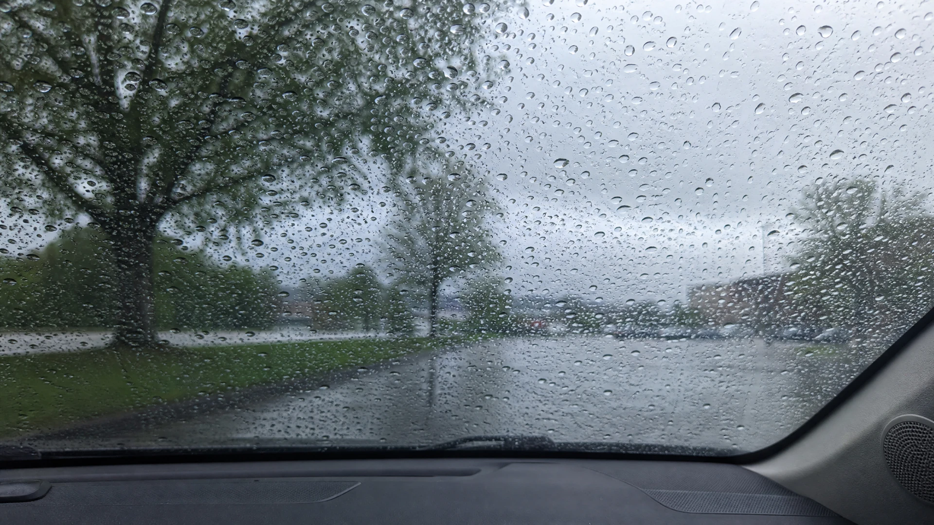 A rain-covered car windshield with a wet street, green trees, and an overcast sky visible beyond the glass.