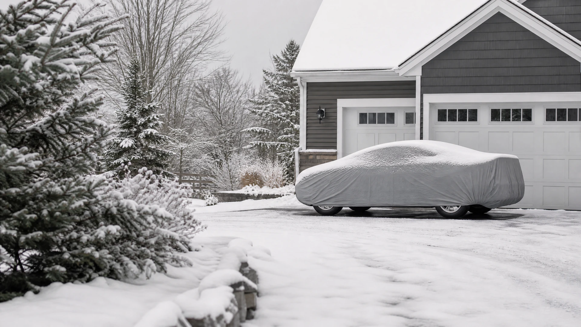 A snow-dusted car cover protects a vehicle parked in a snowy residential driveway in front of a two-car garage.