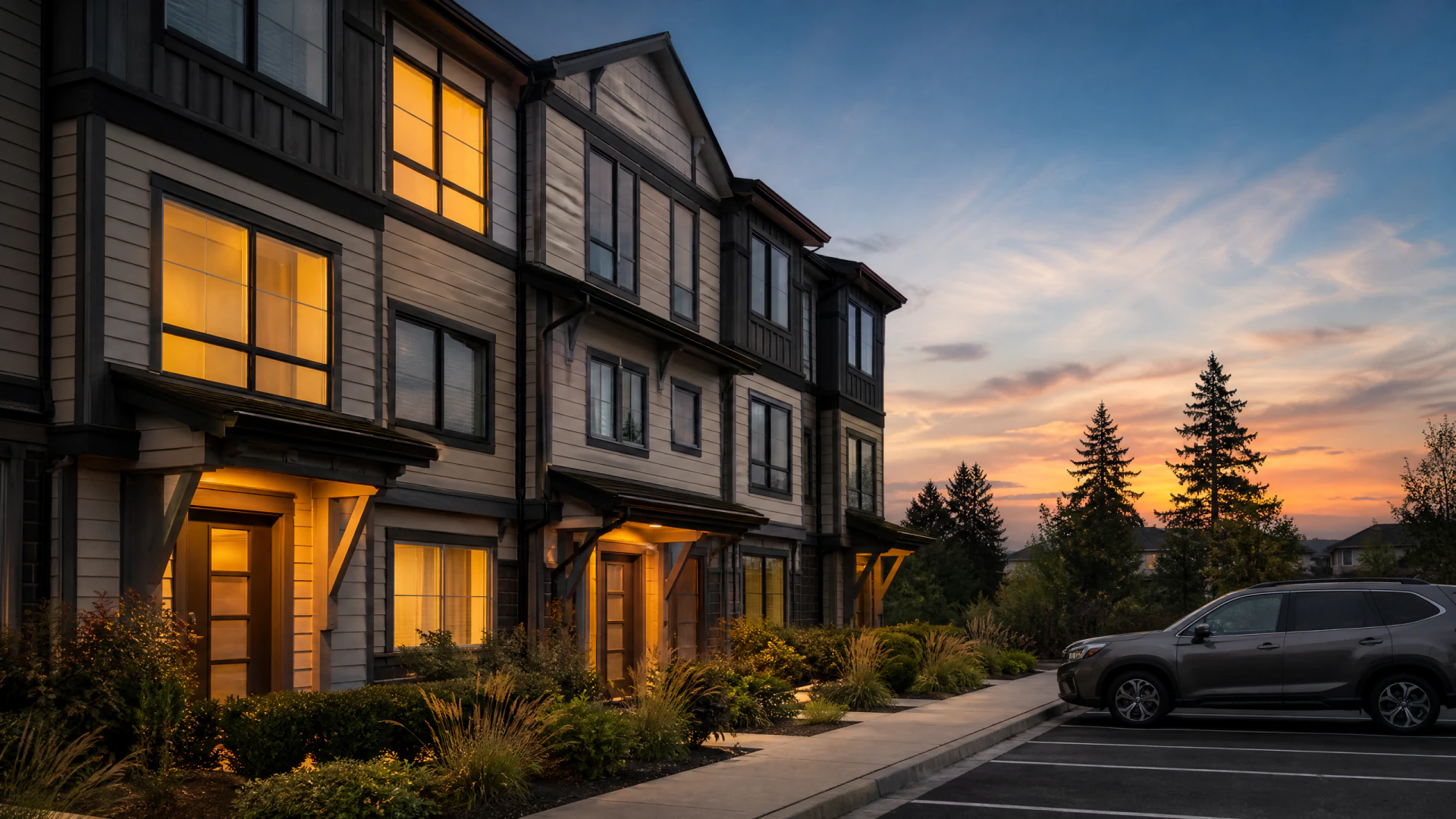A row of illuminated three-story townhouses with timber-accented entryways and ornamental landscaping, photographed at dusk beneath a colorful sunset sky.