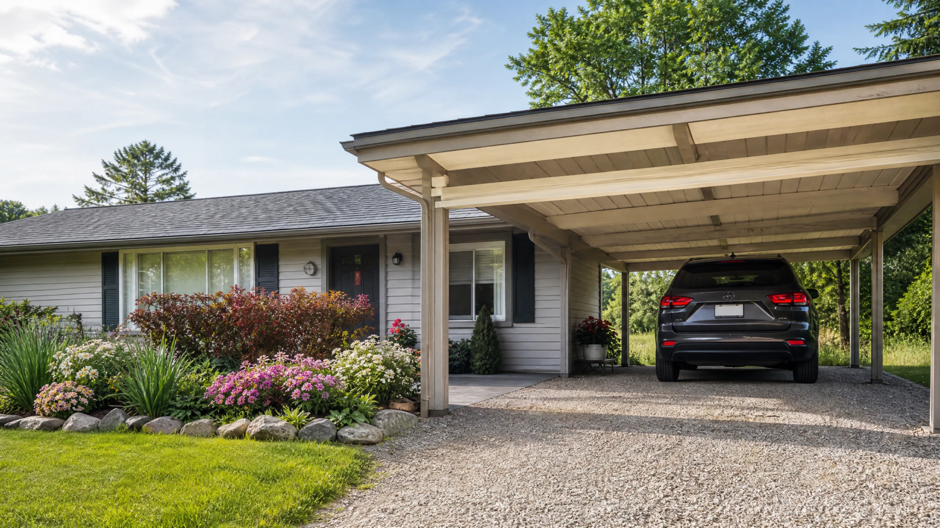 A ranch-style house with an attached open carport sheltering a dark SUV on a gravel driveway, with a colorful landscaped garden in the foreground.