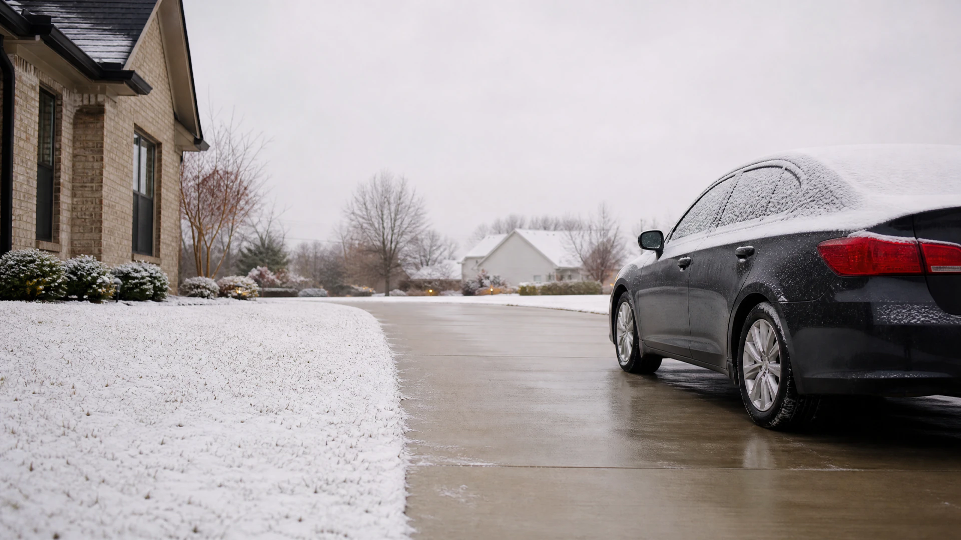 A snow-dusted dark gray sedan parked on a wet driveway beside a brick house on a winter day.
