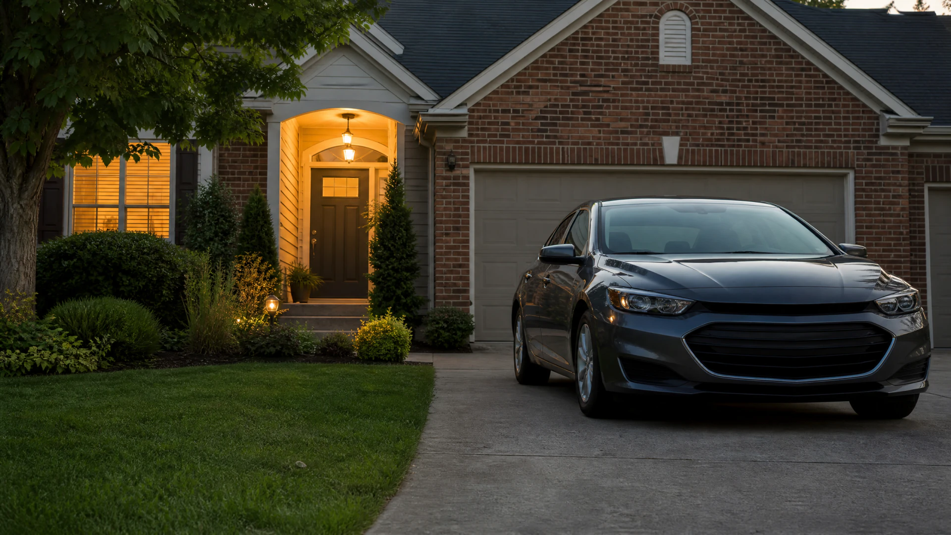 A dark gray sedan sits in the driveway of a brick house whose front entrance glows with warm interior and exterior lighting at dusk.