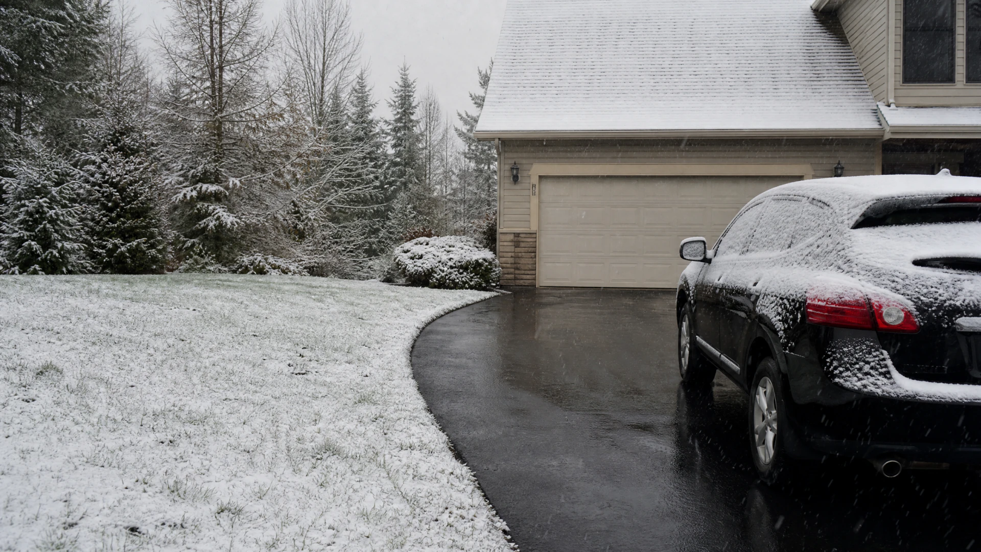 A black sedan covered in fresh snow sits in the driveway of a suburban house surrounded by snow-covered trees.