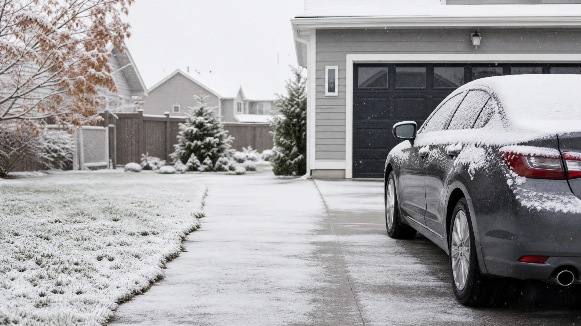 A snow-dusted gray sedan parked in a residential driveway during a light snowfall, with a garage door and frost-covered lawn visible in the background.