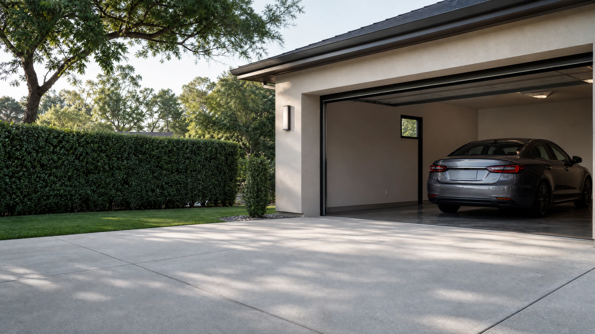 A gray sedan sits inside an open garage of a modern stucco house, with a wide concrete driveway and a tall trimmed hedge in the foreground.