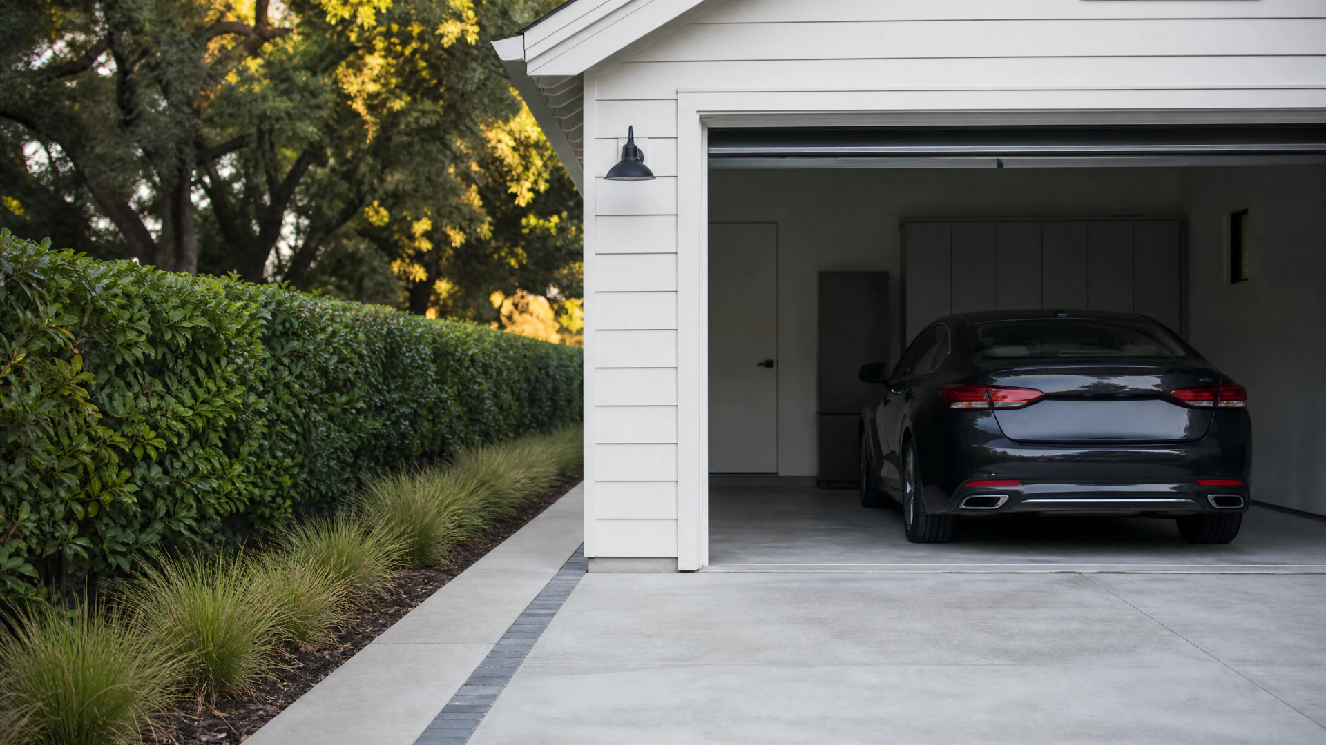 A dark grey sedan sits inside an open garage attached to a white clapboard house, with a concrete driveway and manicured hedges in the foreground.