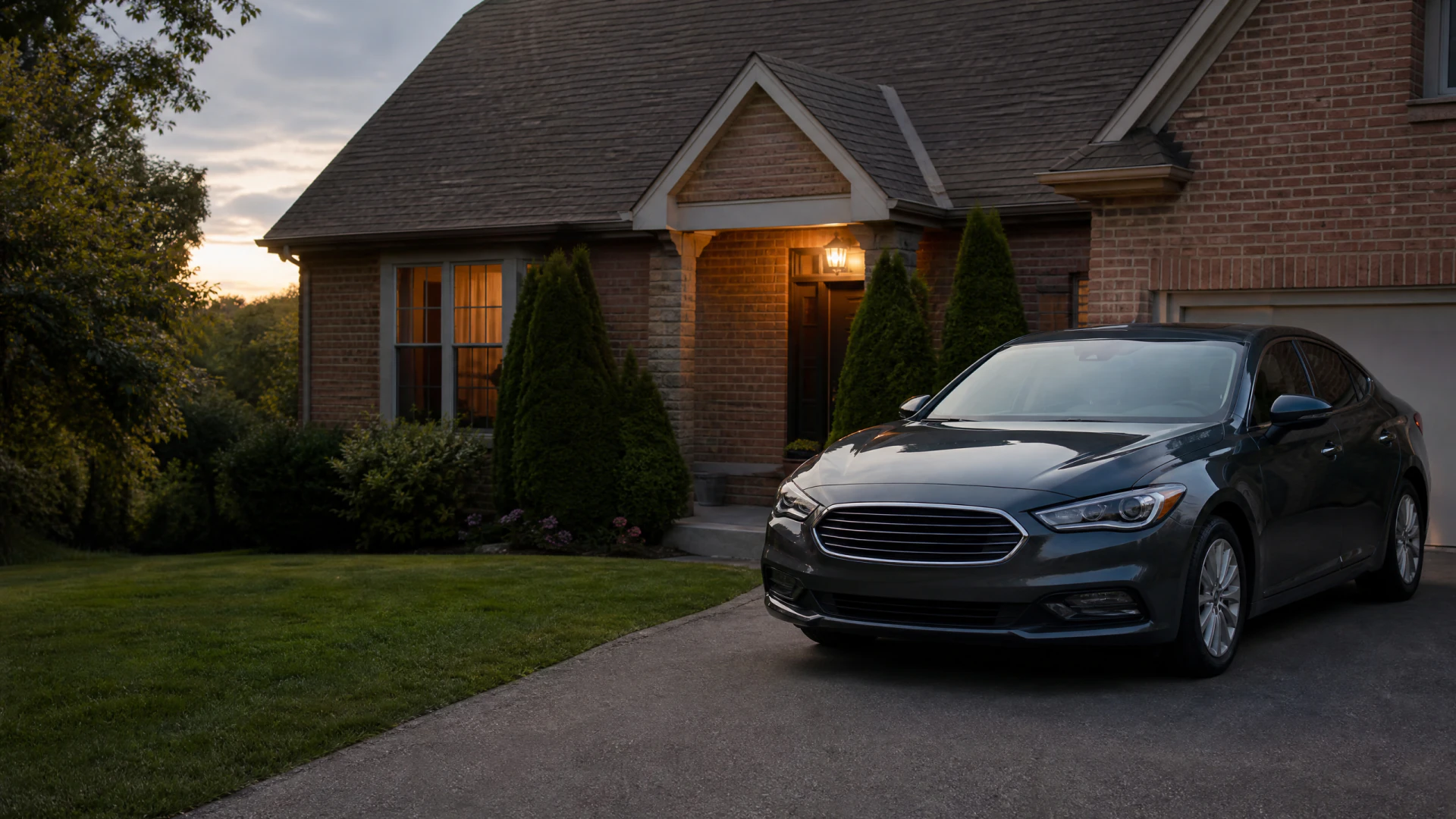 A dark gray four-door sedan parked in the driveway of a brick house at dusk, with a lit porch light and trimmed evergreen shrubs flanking the front door.