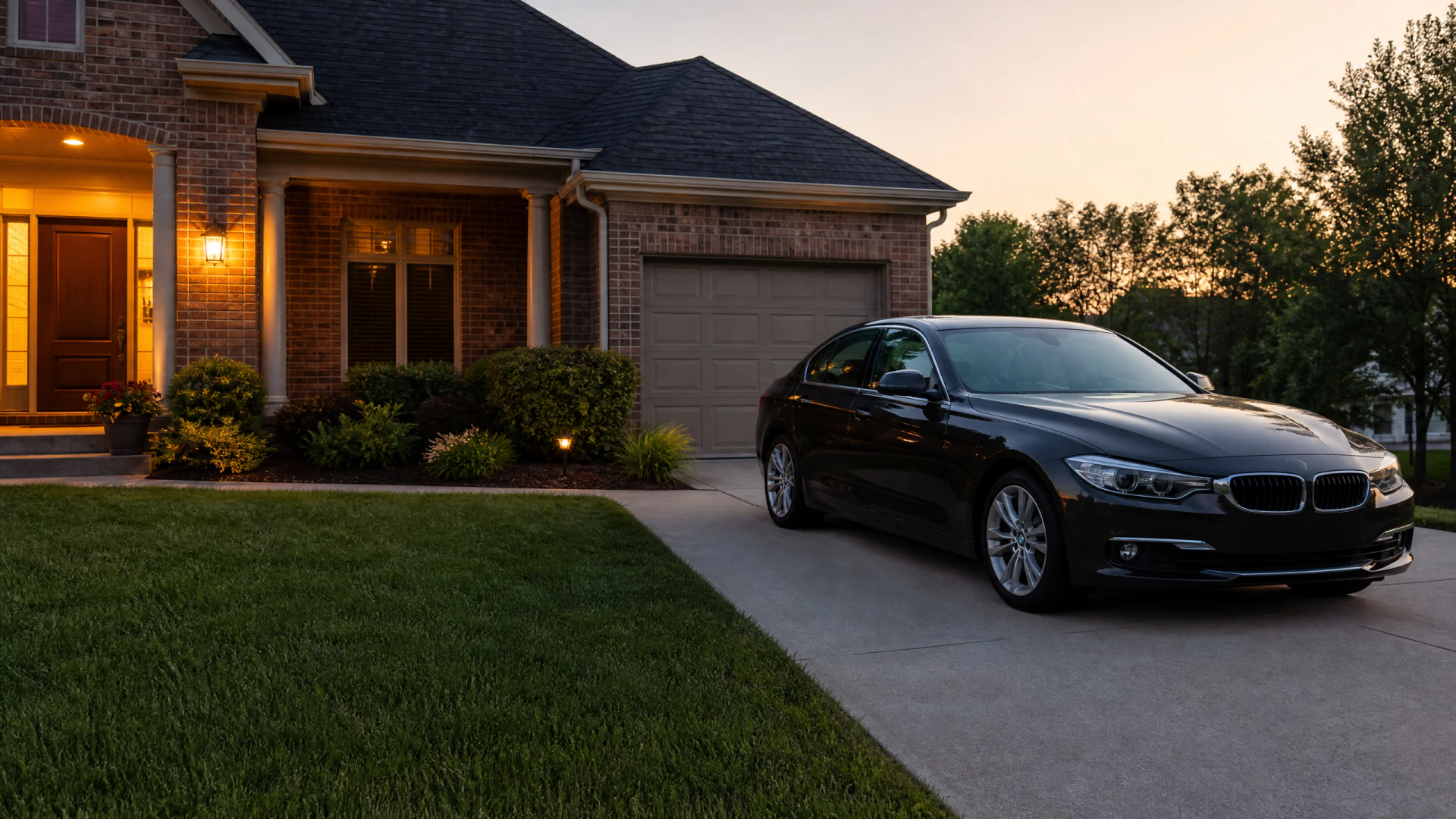 A dark luxury sedan parked on the driveway of a brick house photographed at dusk.