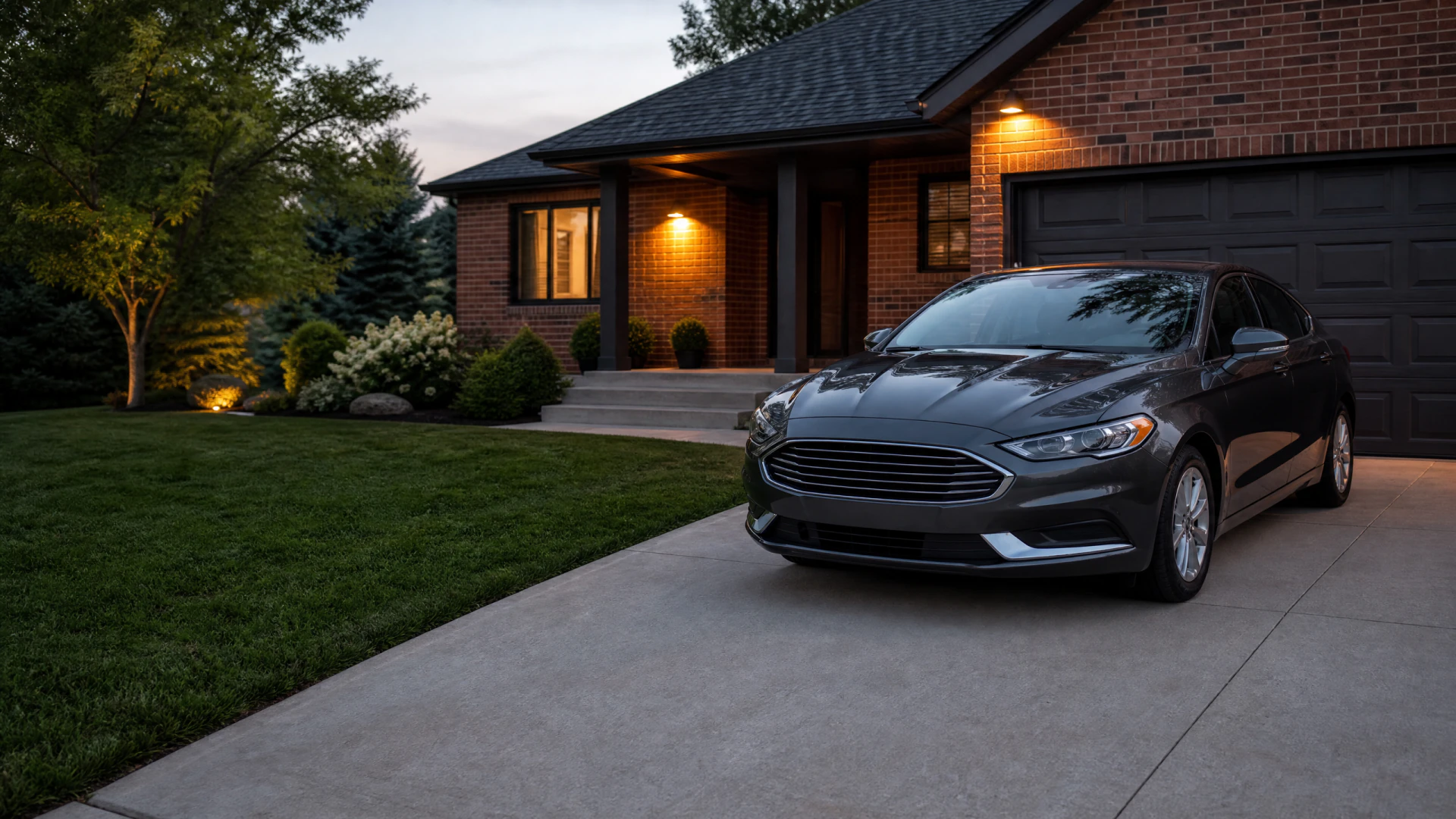 A dark gray sedan parked on a concrete driveway in front of a single-story brick house illuminated by warm exterior lights at dusk.
