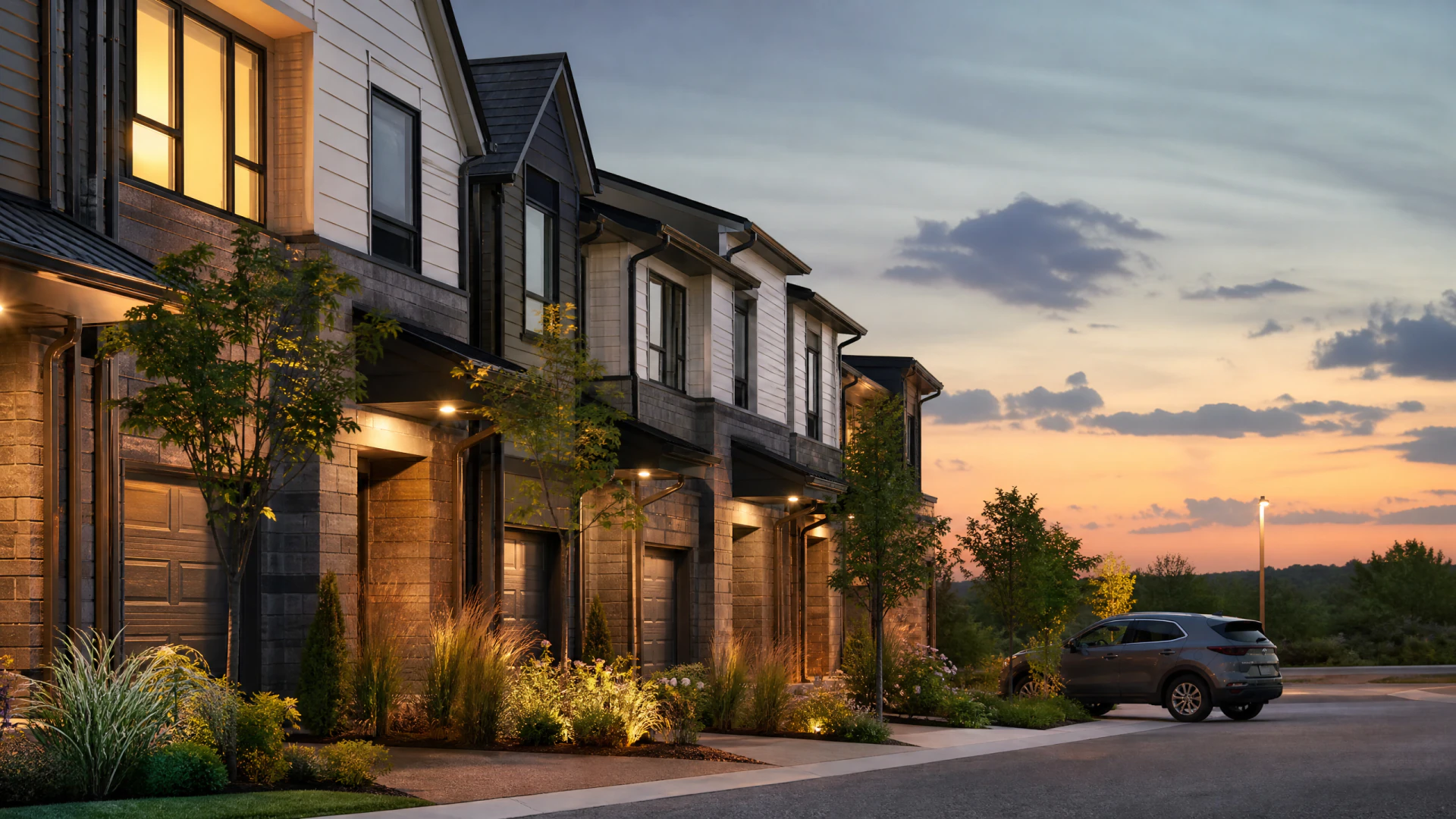 A row of illuminated two-story townhomes with stone and white siding exteriors photographed at dusk, with landscaped plantings in the foreground and a sunset sky overhead.