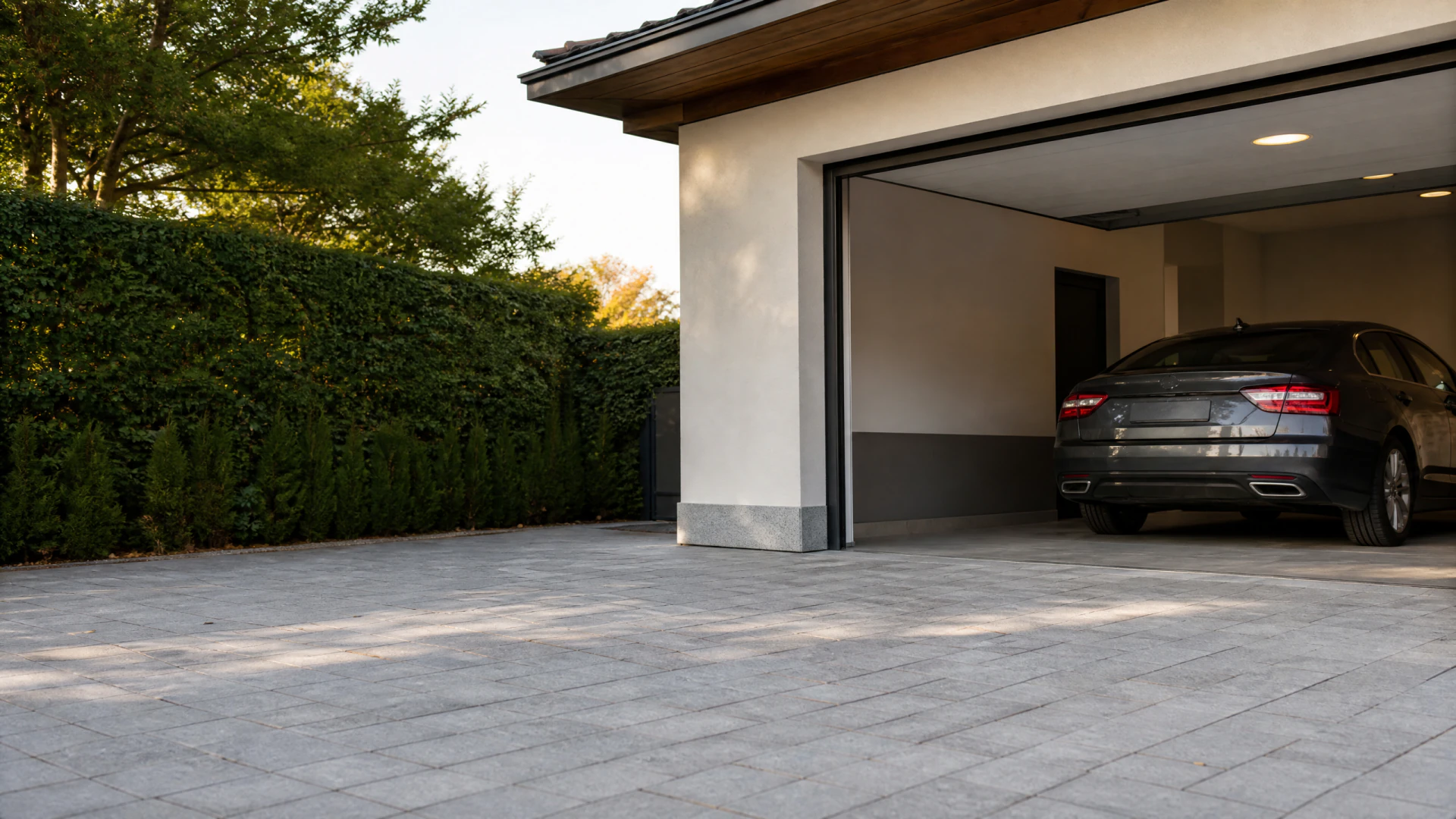 A dark gray sedan sits inside an open garage attached to a modern white stucco house, with a stone-paved driveway and a tall green hedge in the foreground.