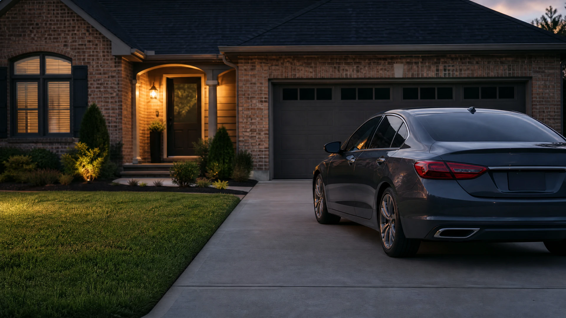 A dark gray sedan parked in the driveway of a brick house photographed at dusk.