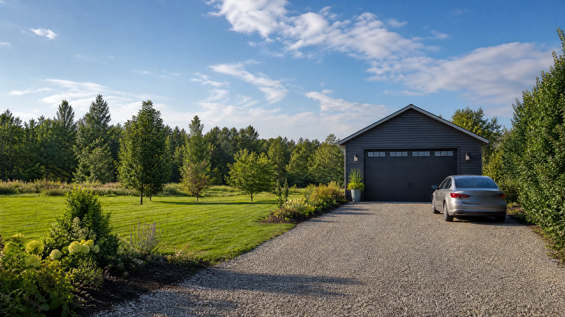 A silver sedan parked on a gravel driveway in front of a dark gray two-car garage surrounded by green lawns and trees.