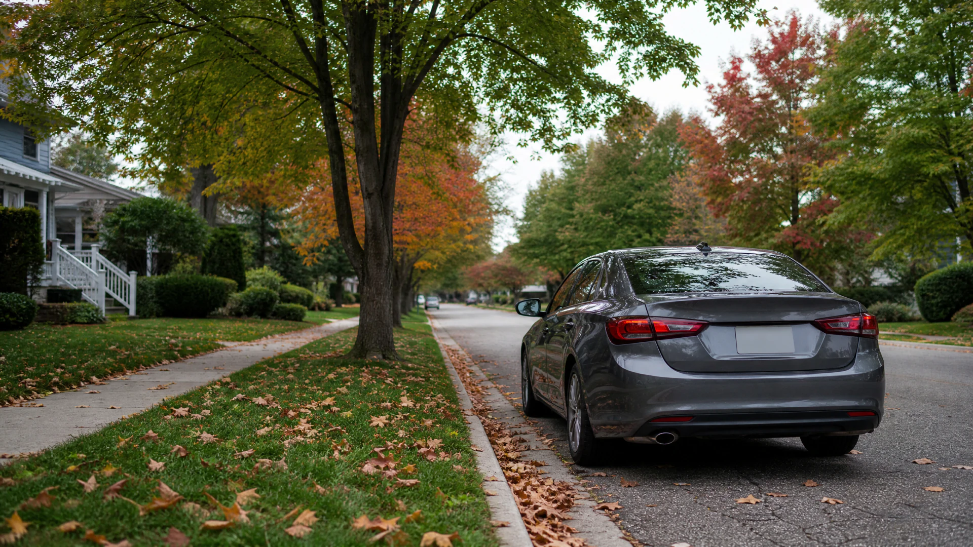 A gray sedan parked along a tree-lined residential street in early autumn, with fallen leaves on the ground and a white-porched house visible to the left.