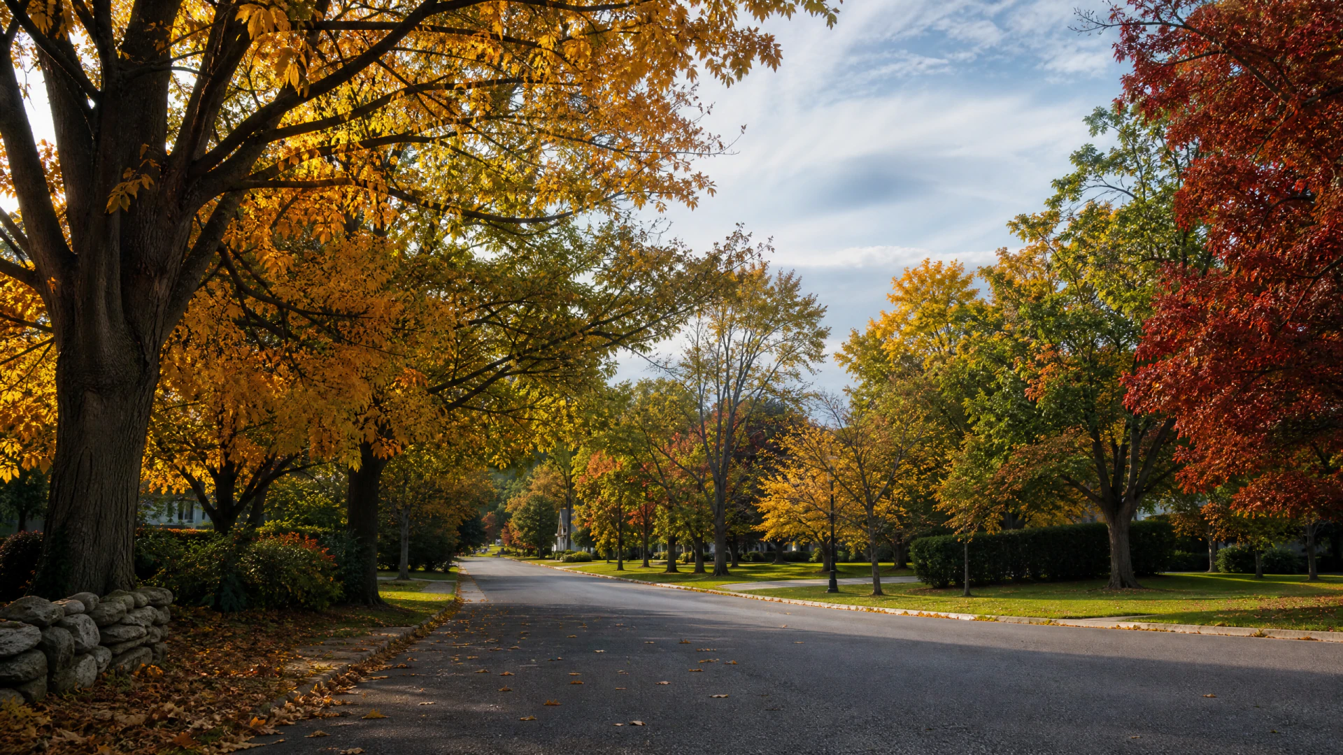 A tree-lined residential road in autumn, flanked by trees with golden, orange, and red foliage under a partly cloudy sky.