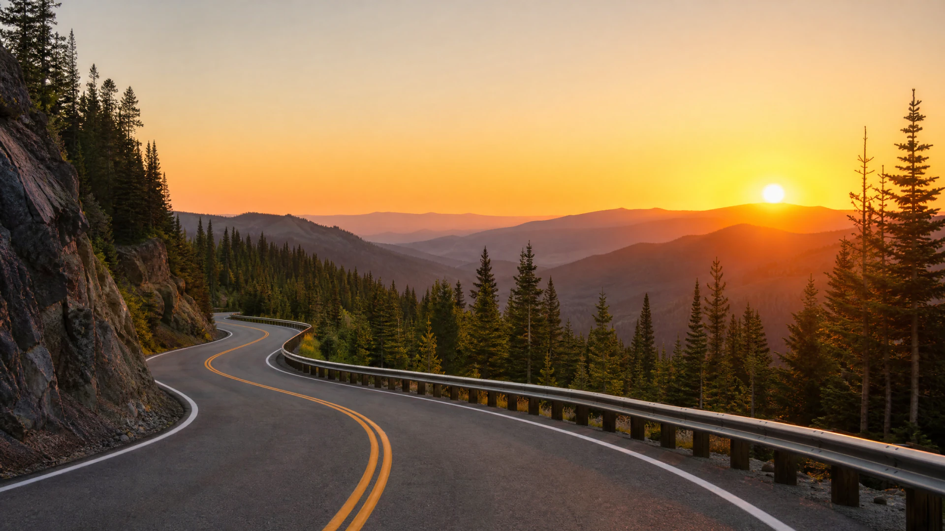 A winding two-lane mountain road curves through a pine forest at sunset, with a guardrail on the right and layered mountain ridges glowing orange in the background.