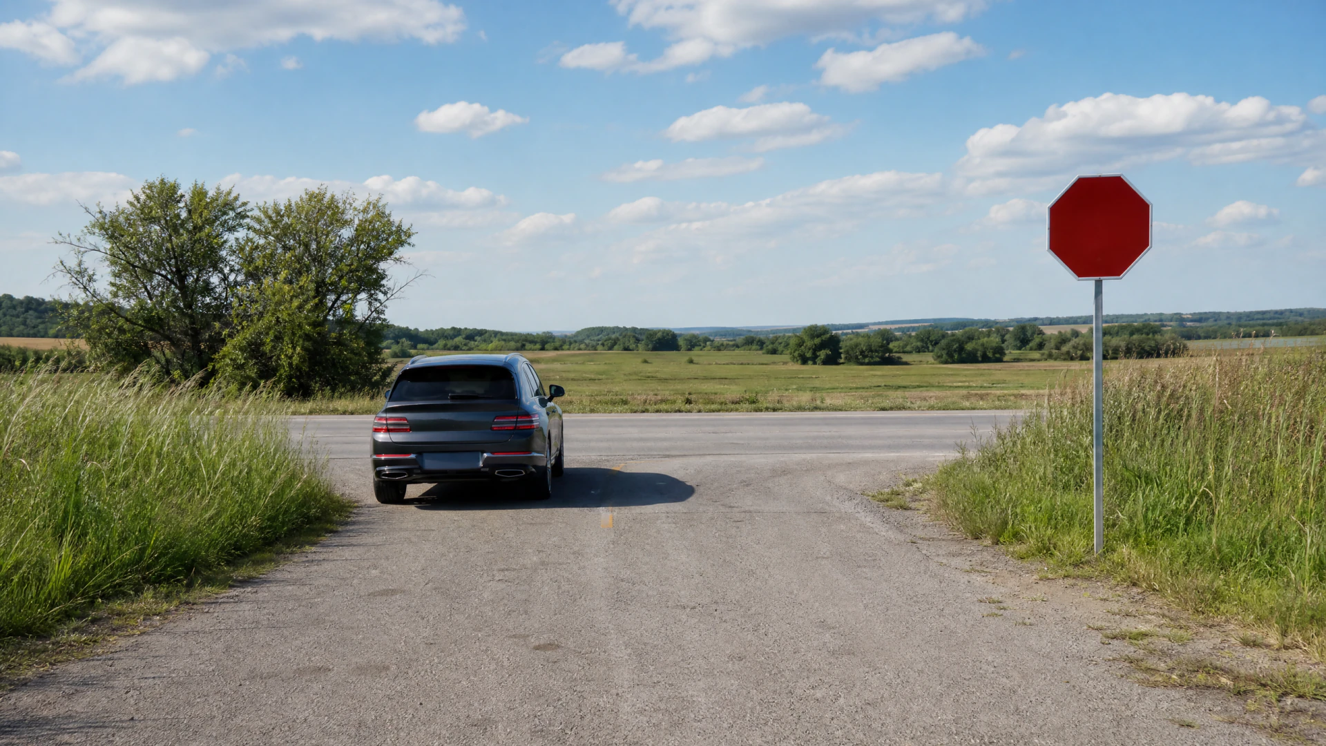 A dark gray SUV sits at a rural road intersection next to a red octagonal stop sign, with open fields and trees visible in the background.