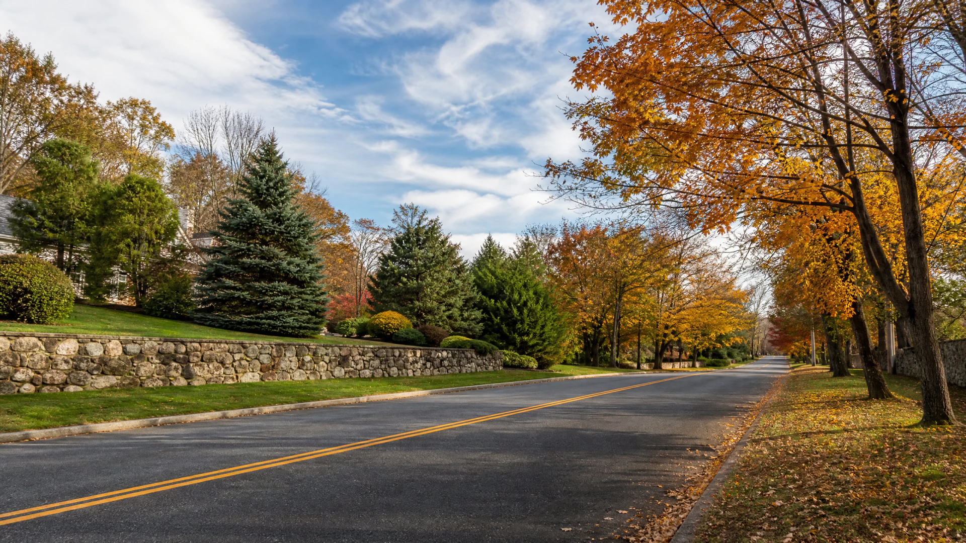 A quiet two-lane suburban road lined with autumn-colored deciduous trees and evergreens, bordered on the left by a stone retaining wall.