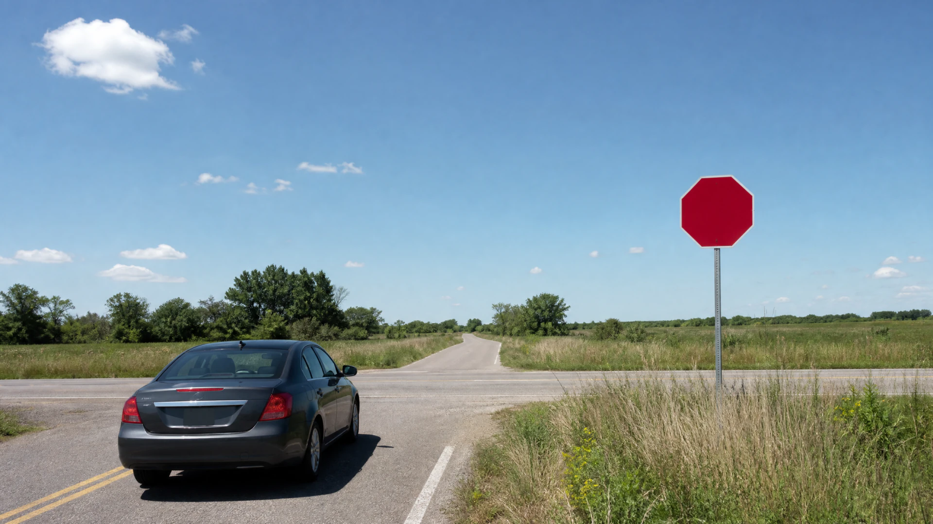 A gray sedan pauses at a rural road intersection next to a blank red stop sign, surrounded by open grassland and trees.