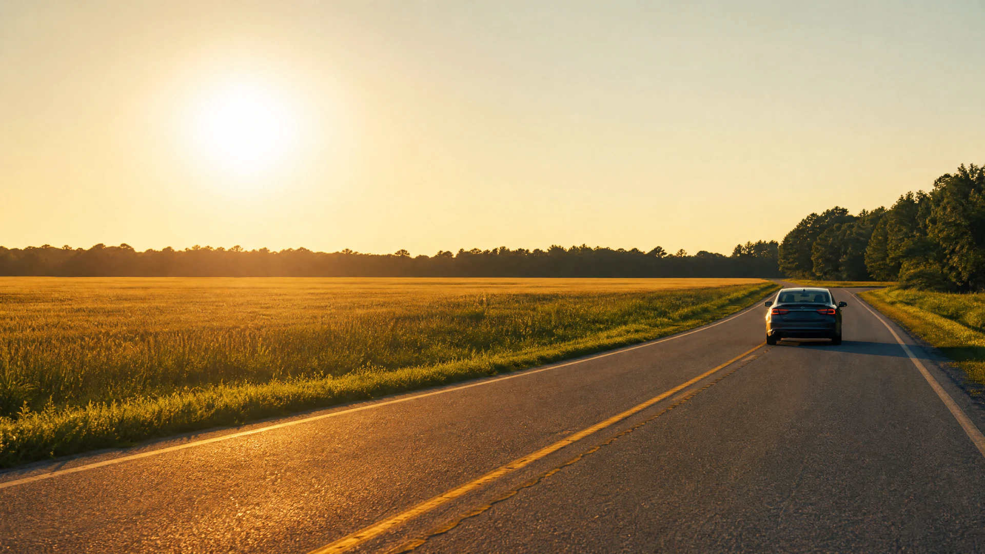 A sedan travels down a straight rural road flanked by golden fields and trees at sunset.