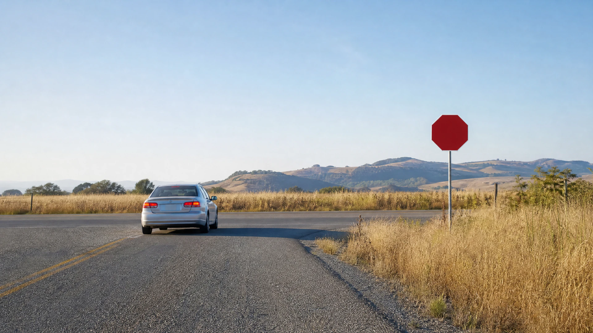 A silver sedan travels down a rural two-lane road past a blank red octagonal sign mounted on a metal post.