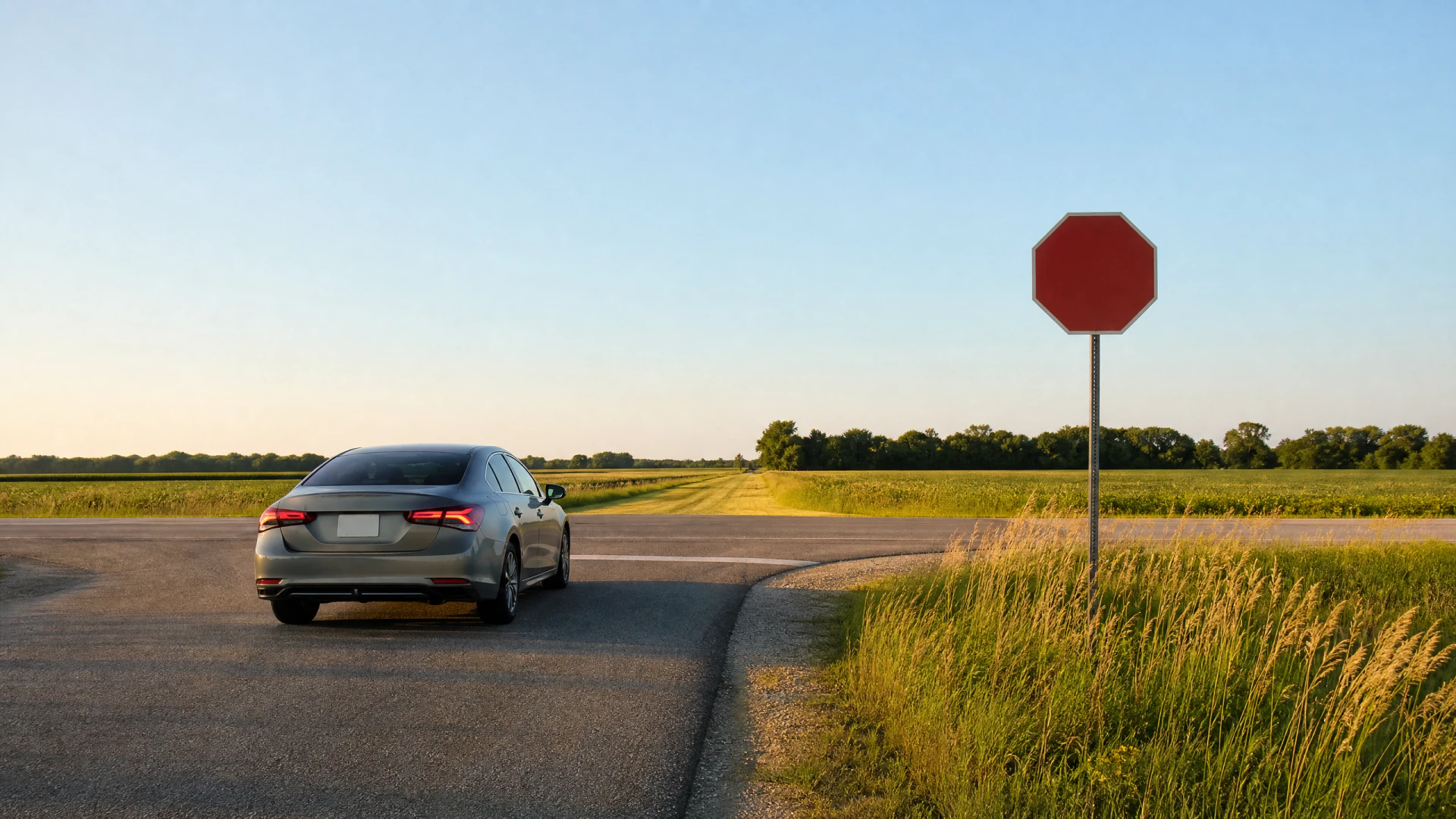 A silver sedan pauses at a rural crossroads next to a blank red stop sign surrounded by tall grass and open farmland.