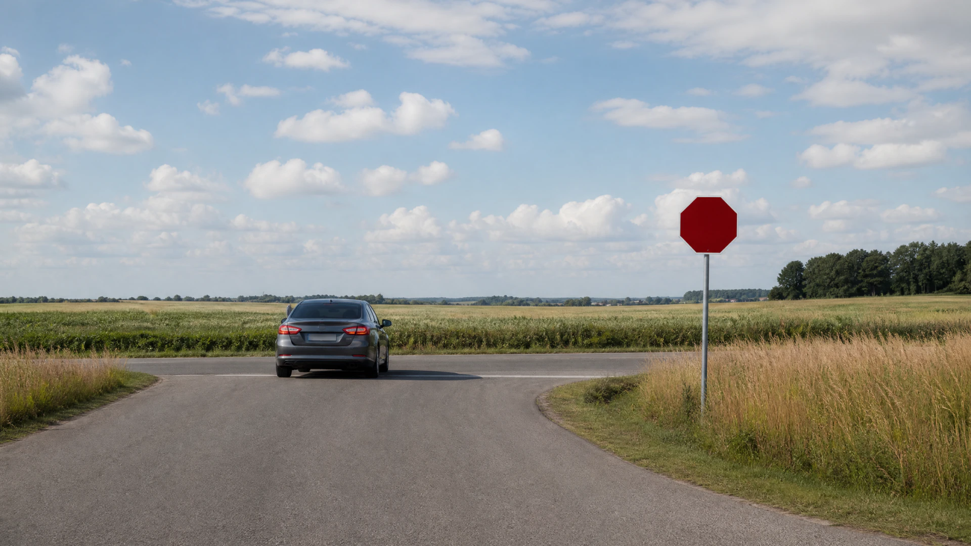 A gray sedan pauses at a rural crossroads next to a blank red stop sign, surrounded by open farmland and blue sky.