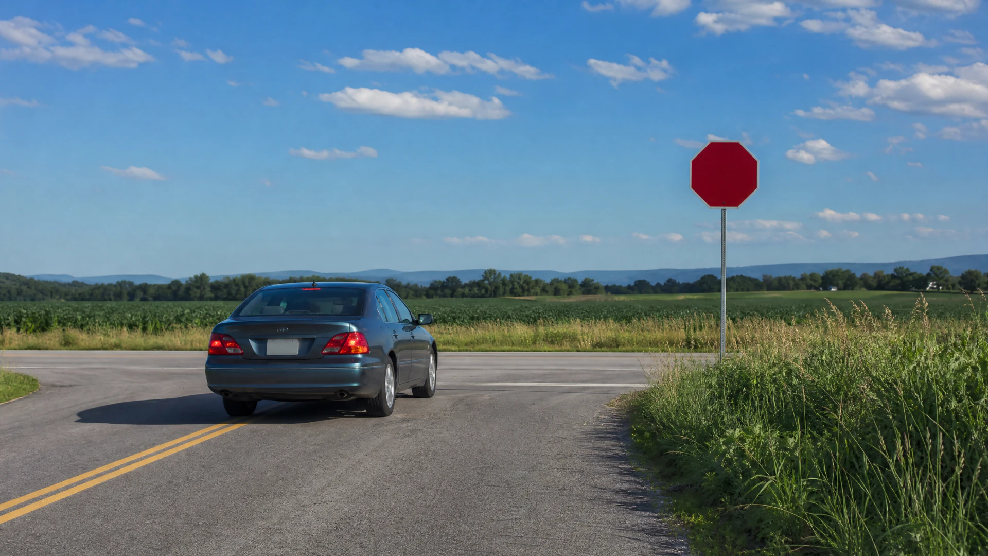 A dark teal sedan pauses at a rural crossroads next to a blank red stop sign, with open farmland and hills visible in the background.